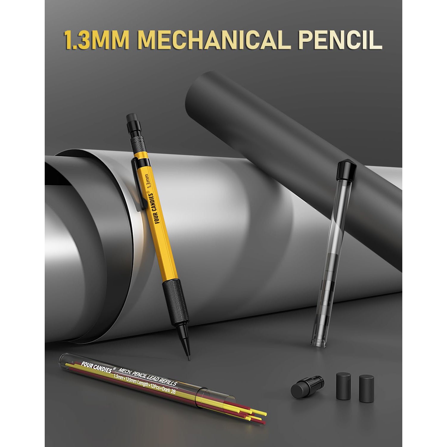 Four Candies 1.3mm Mechanical Pencil Set with 24 Lead Refills, Metal Weatherproof Heavy Duty Outdoor Carpenter Pencil, Eraser, 6 Eraser Refills for Architect Drafting Woodworking Marking with Case