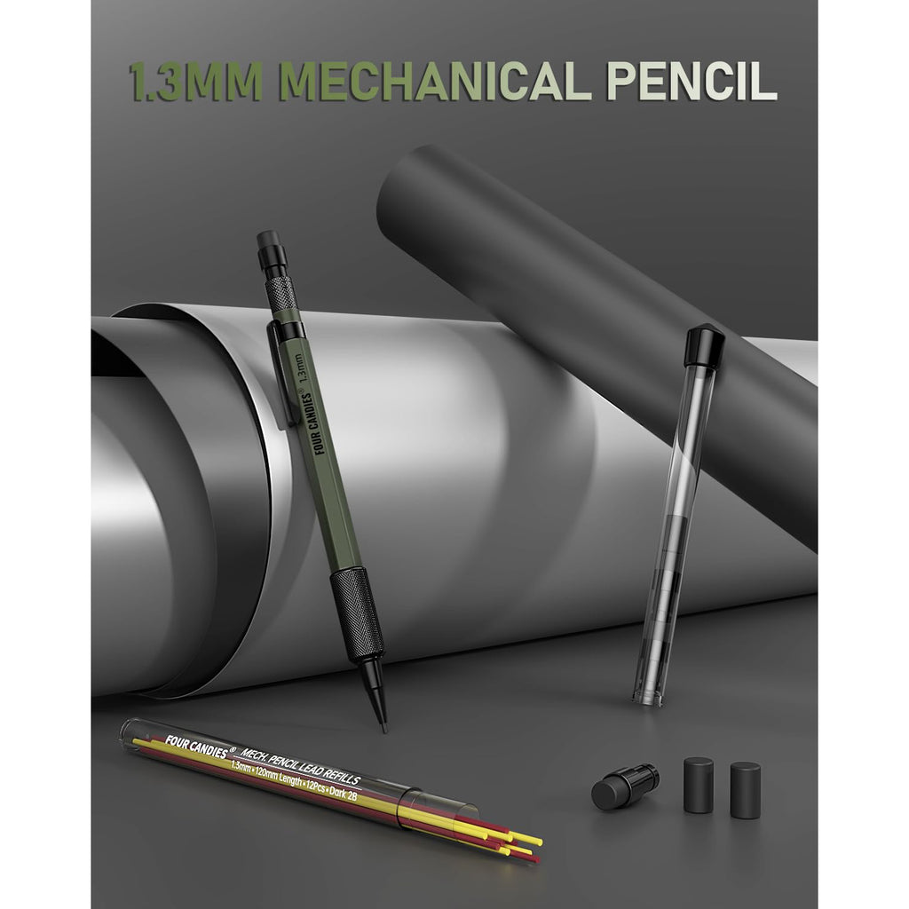 Four Candies 1.3mm Mechanical Pencil Set with Case, Metal Heavy Duty Outdoor Carpenter Pencil with 24 Refills (Red Black Yellow), Eraser, 6 Eraser Refills