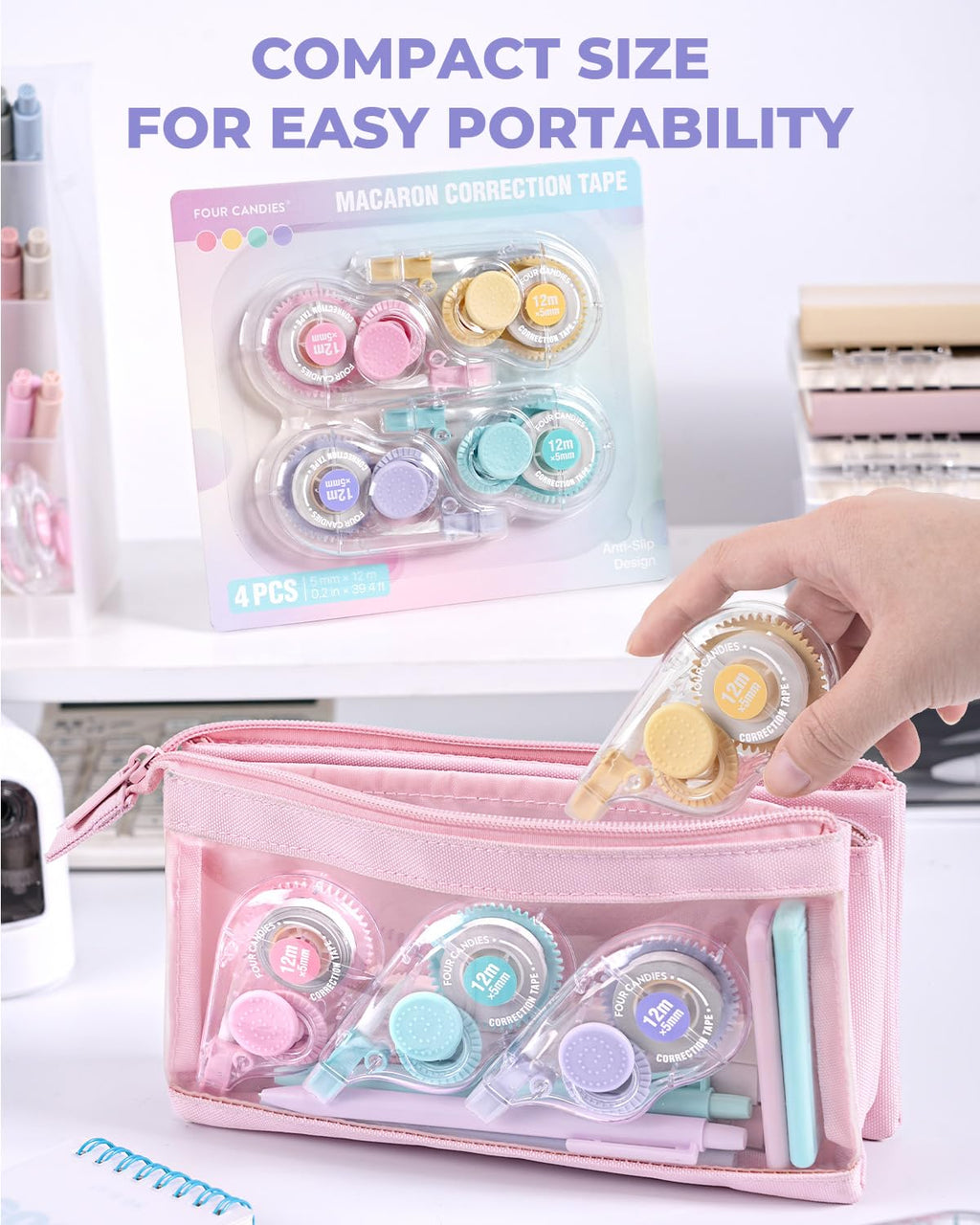 Four Candies White Correction Tape, 39.4 Feet, 4 Pack Easy to Use Applicator for Instant Corrections, Tear-Resistant, Smooth & Quick-Drying Tape