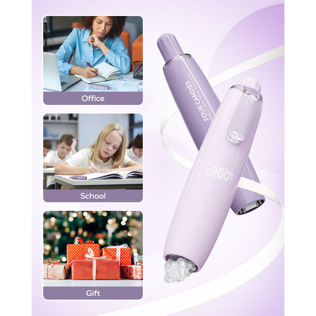Four Candies 6MM Retractable White Correction Tape, 4PCS White Smooth Pull Out Correction Tape with 4 Extra Refills,Tear-Resistant Tape Pen & Quick Drying (Purple)