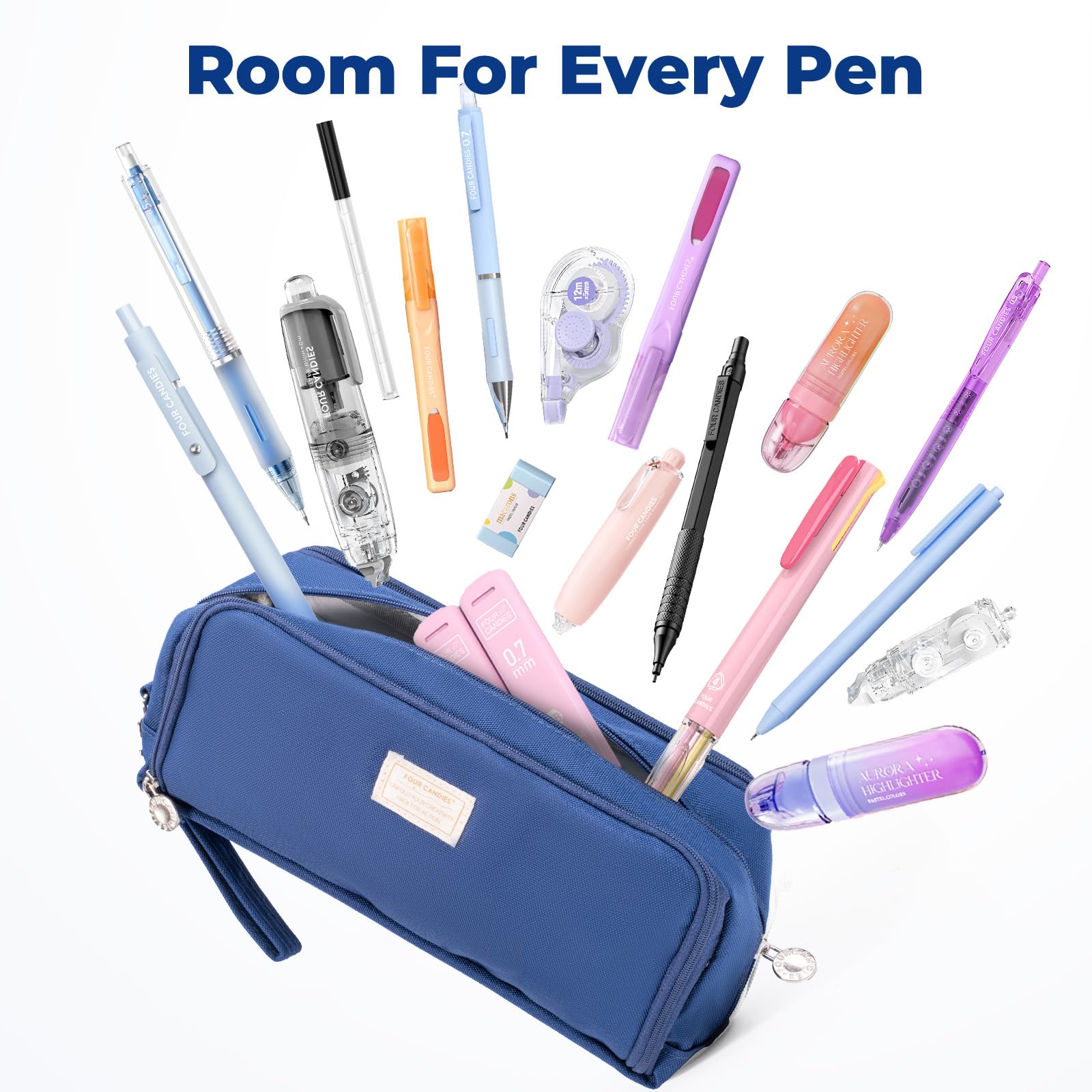 Four Candies Pencil Case 3 Compartment, Large Pencil Case with Removable Handle & Zipper, Cute Stationery Organizer for Markers, Makeup Bag, Cute Pencil Bag for Office College, Navy Blue