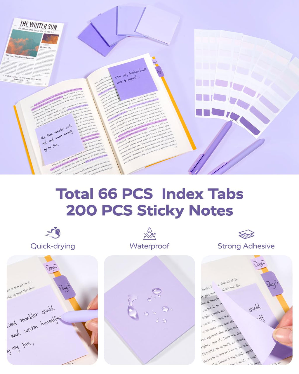 Four Candies Aesthetic Supplies, 4 Gel Pens with Black Ink, 4 Correction Tapes, 2 Pastel Highlighters, 2 Mechanical Pencils, Sticky Notes, Index Post for Bible Supplies with Case Purple