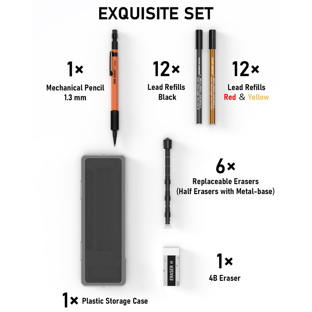 Four Candies 1.3mm Mechanical Pencil Set with Case Orange
