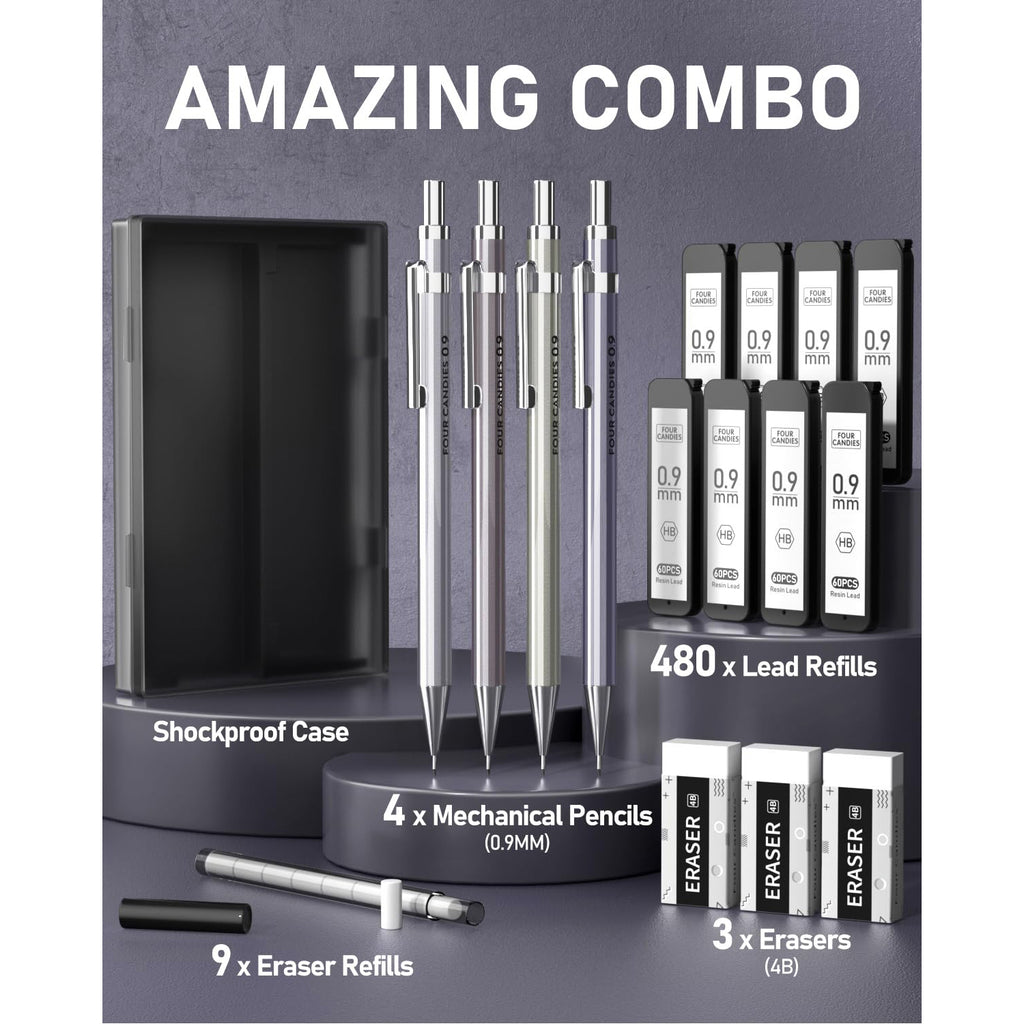 Four Candies 0.9mm Metal Mechanical Pencil Set with Case - 4PCS Fancy Mechanical Pencils, 8 Tubes HB #2 Lead Refills, 3PCS 4B Erasers and 9PCS Eraser Refills, for Writing
