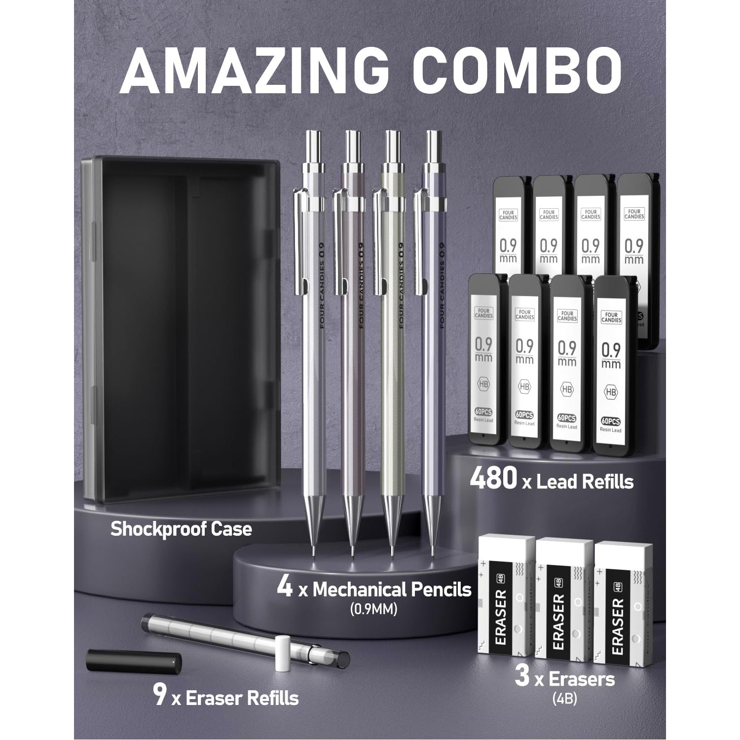 Four Candies 0.9mm Metal Mechanical Pencil Set with Case - 4PCS Fancy Mechanical Pencils, 8 Tubes HB #2 Lead Refills, 3PCS 4B Erasers and 9PCS Eraser Refills, for Writing