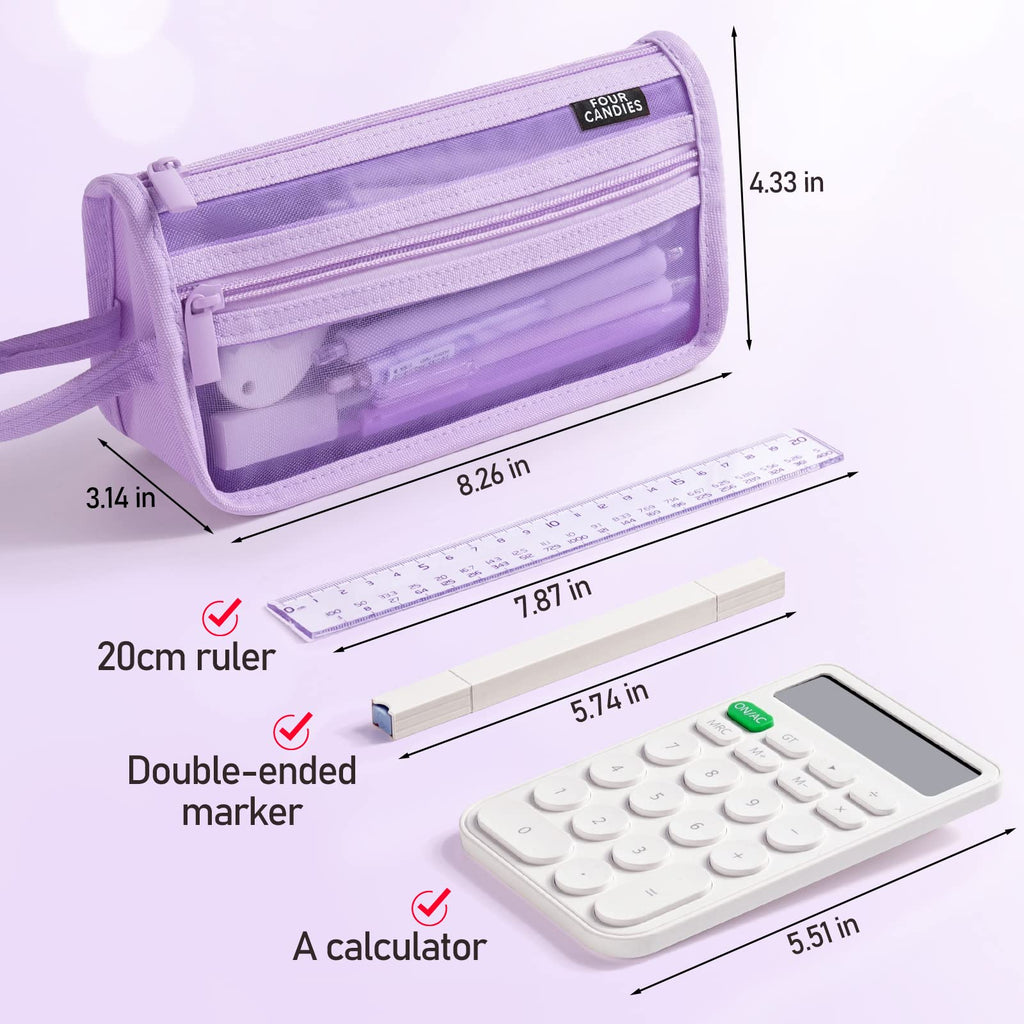 Four Candies Large Capacity Pencil Case, Purple Pencil Case with Zipper, Organized Pencil Cases for Adults, Handheld Pen Bag, Portable Cute Pencil Case, School Supplies for Kids Girls