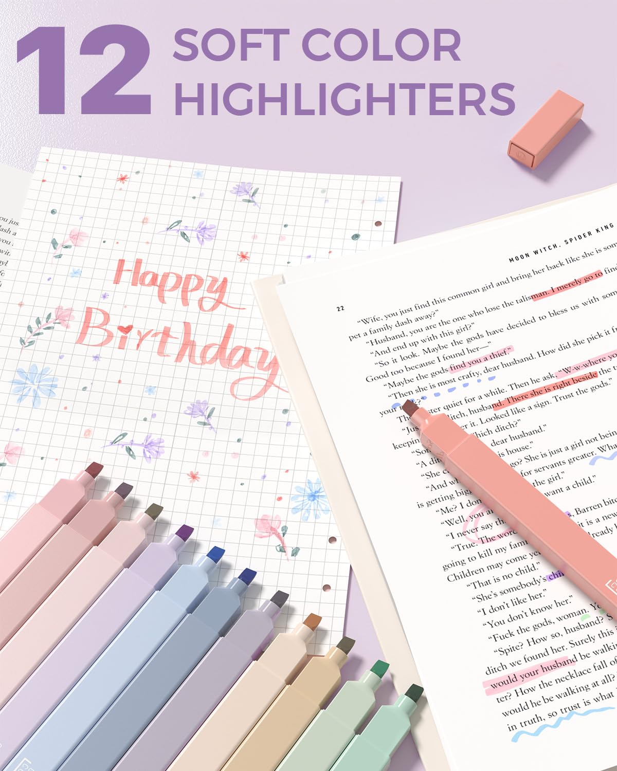 Four Candies 56 PCS Aesthetic Supplies with Pencil Case, 6 Multicolor Pen, 12 Pastel Highlighters, 5 Gel Pens Black Ink, 9 Mechanical Pencils for Stationary Set Preppy Stuff (Purple)