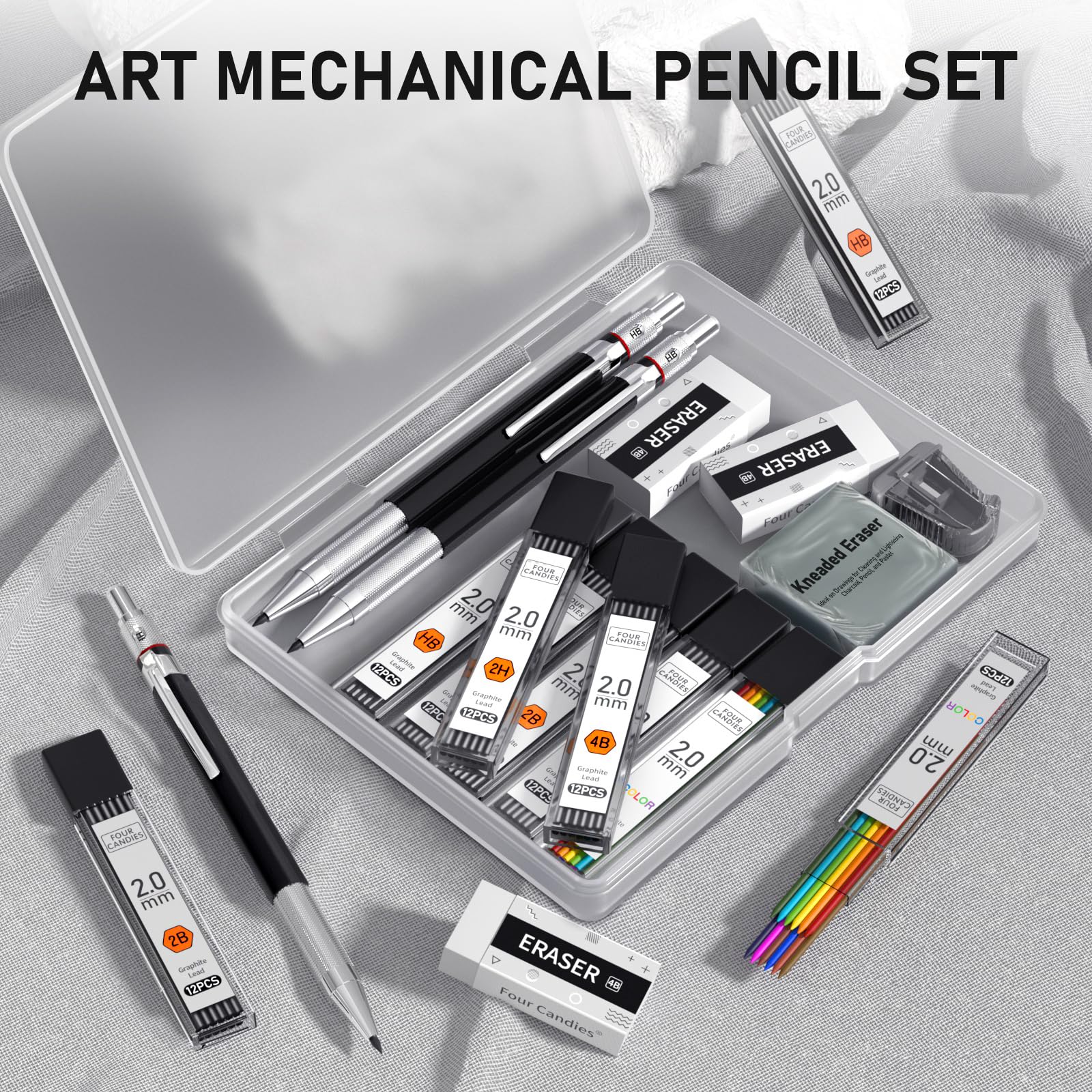 Four Candies 3PCS 2MM Mechanical Pencils with Case, Artist Lead Pencil Metal Lead Holder with Graphite Lead Refills, 4 Erasers, Sharpener, Drafting Pencil for Drawing, Sketching