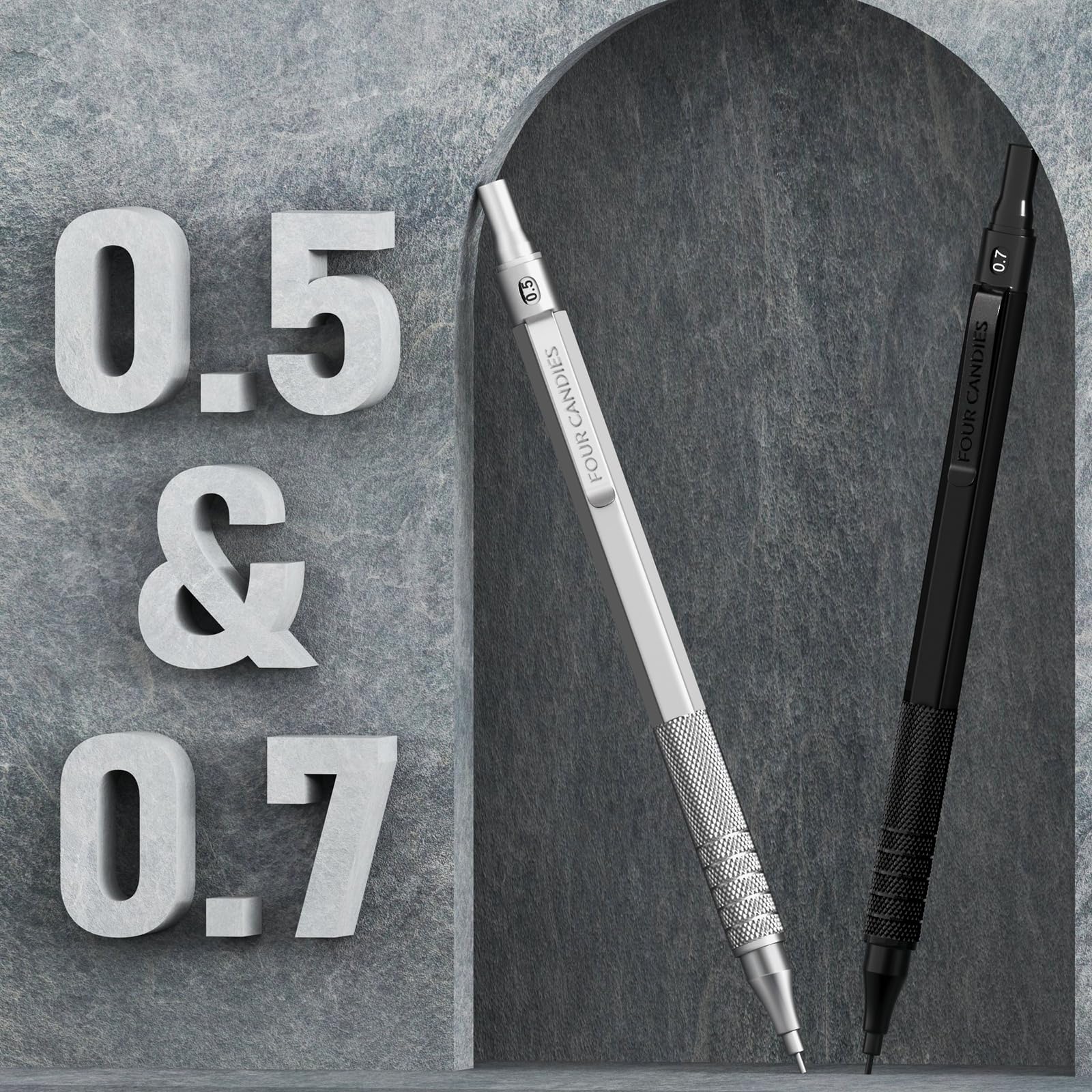 Four Candies 2PCS Metal Mechanical Pencils Set(0.5mm & 0.7 mm) with 6 Tubes (360PCS) HB Lead Refills, 3 Erasers,9 Eraser Refills, Black&Sliver