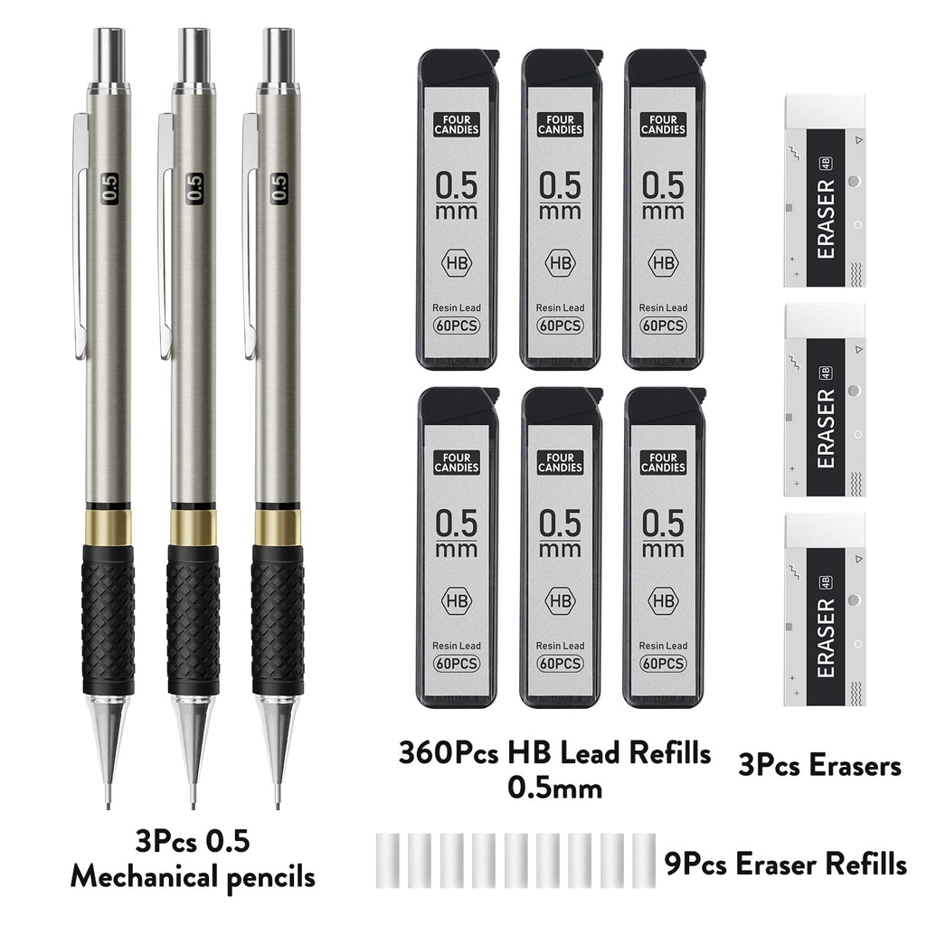 Four Candies Metal Mechanical Pencil Set - 3PCS 0.5mm Art Mechanical Pencils & 360PCS HB Lead Refills & 3PCS Erasers & 9PCS Eraser Refills, Drawing Mechanical Pencils for Writing, Sketching -With Case