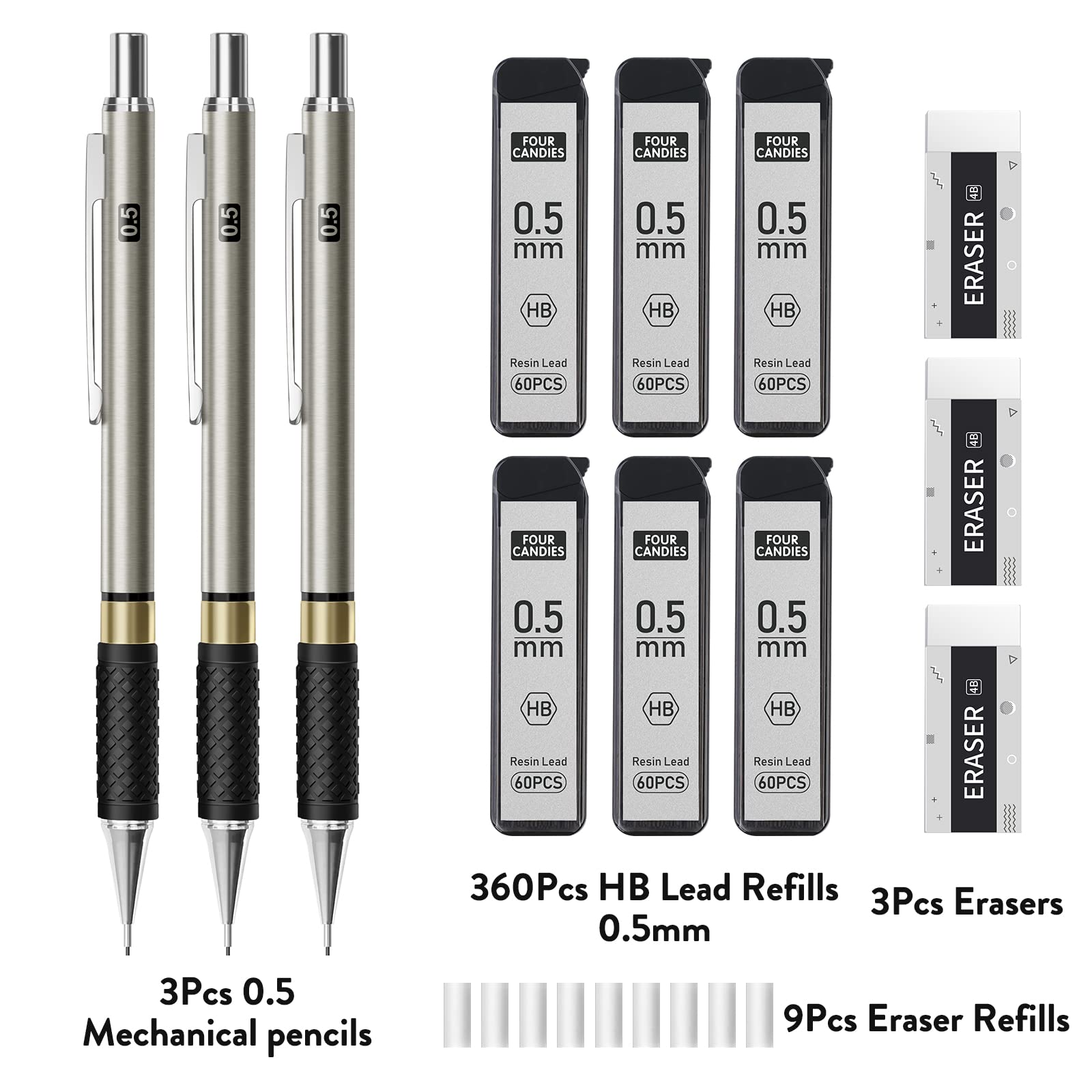 Four Candies Metal Mechanical Pencil Set - 3PCS 0.5mm Art Mechanical Pencils & 360PCS HB Lead Refills & 3PCS Erasers & 9PCS Eraser Refills, Drawing Mechanical Pencils for Writing, Sketching -With Case