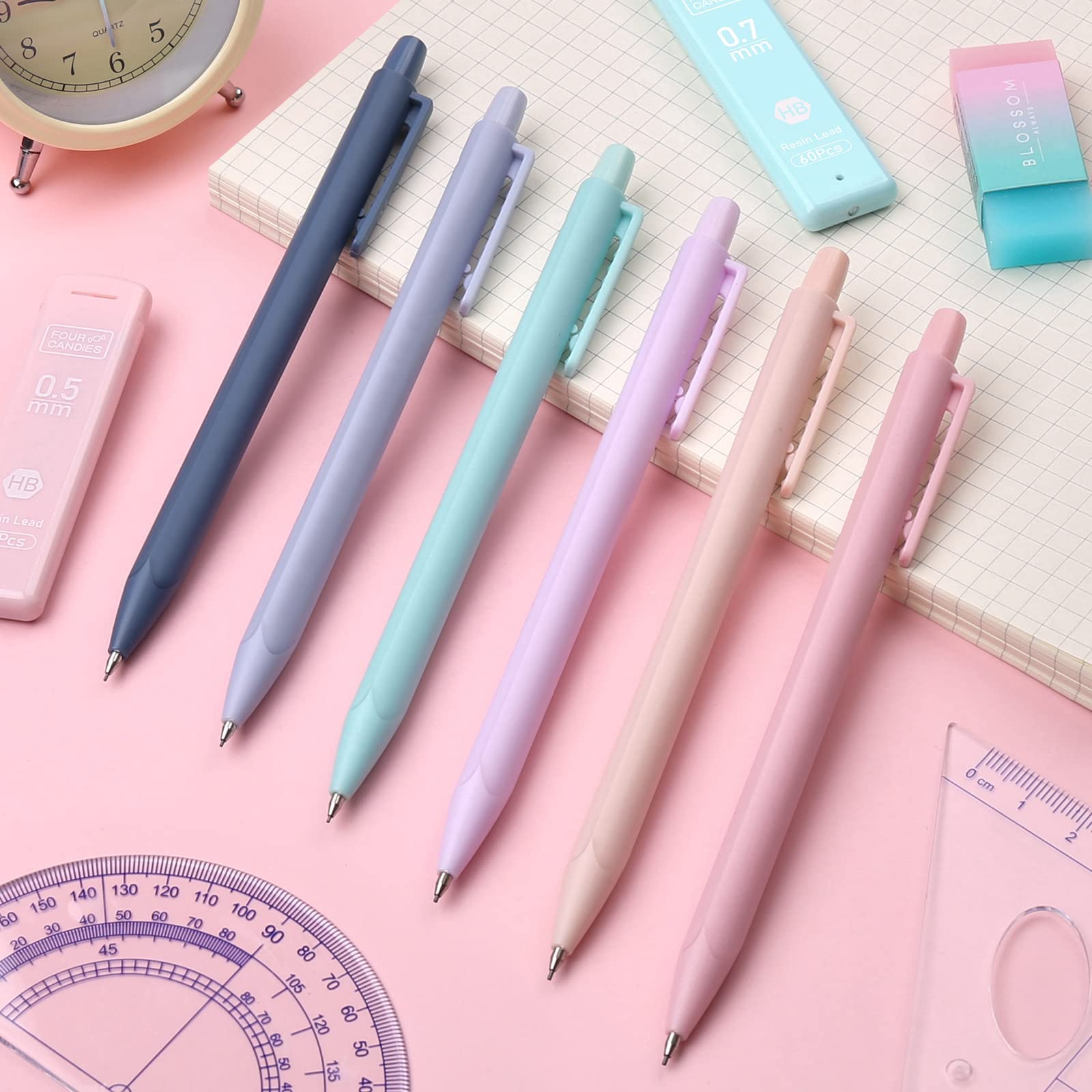Four Candies 6PCS Cute Mechanical Pencils 0.5mm & 0.7mm & 0.9mm with Leads, Erasers and Eraser Refills