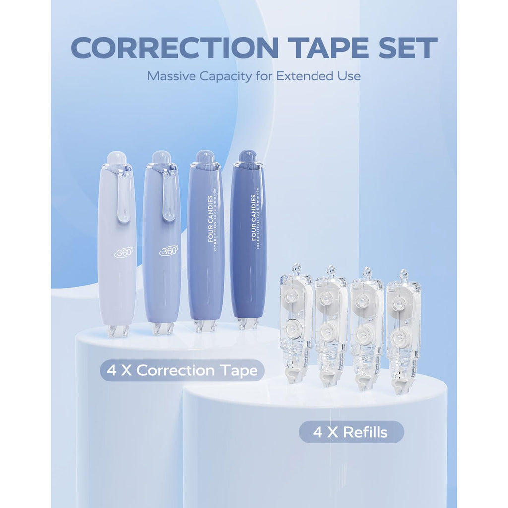 Four Candies 6MM Retractable White Correction Tape, 4PCS White Smooth Pull Out Correction Tape with 4 Extra Refills,Tear-Resistant Tape Pen & Quick Drying (Blue)