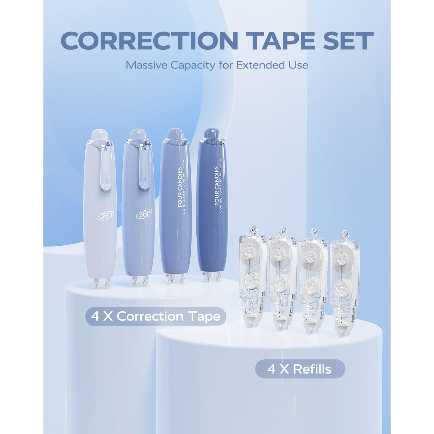 Four Candies 6MM Retractable White Correction Tape, 4PCS White Smooth Pull Out Correction Tape with 4 Extra Refills,Tear-Resistant Tape Pen & Quick Drying (Blue)