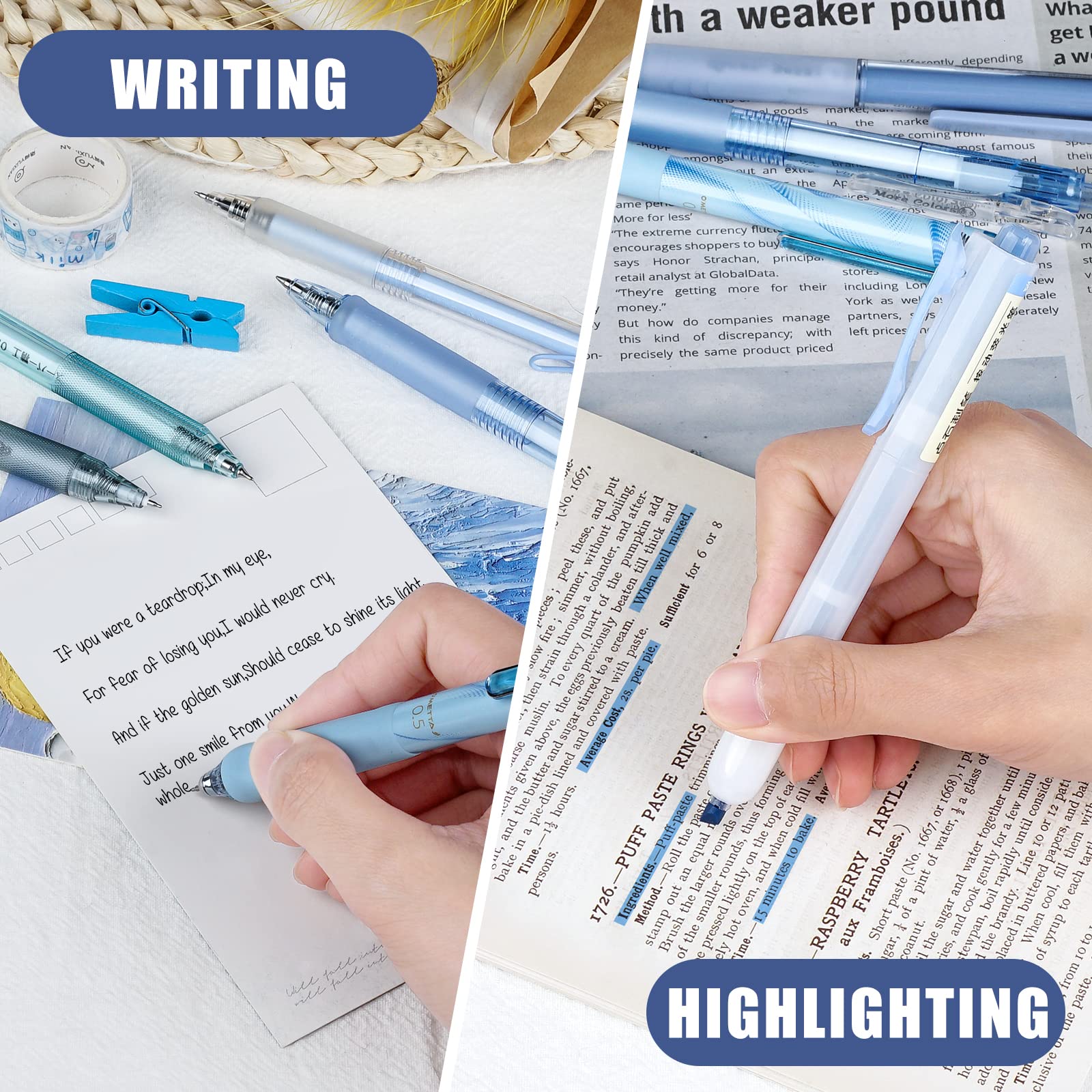 Four Candies Retractable Pen Set, 11Pcs Black Ink Gel Pens(0.5mm), 1Pcs Blue Highlighter, 0.5mm Fine Point for Journaling, Writing and Note-Taking