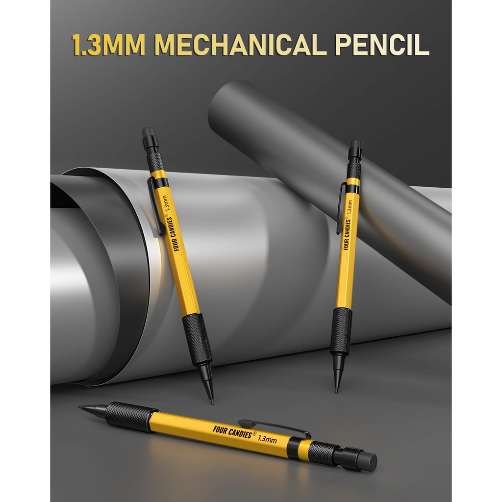 Four Candies 3PCS 1.3mm Mechanical Pencil Set with Case, Metal Heavy Duty Carpenter Pencils with 48 Refill(Red,Black,Yellow) 3Eraser, 12Eraser Refill, Weatherproof Body Outdoor Woodworking Marking