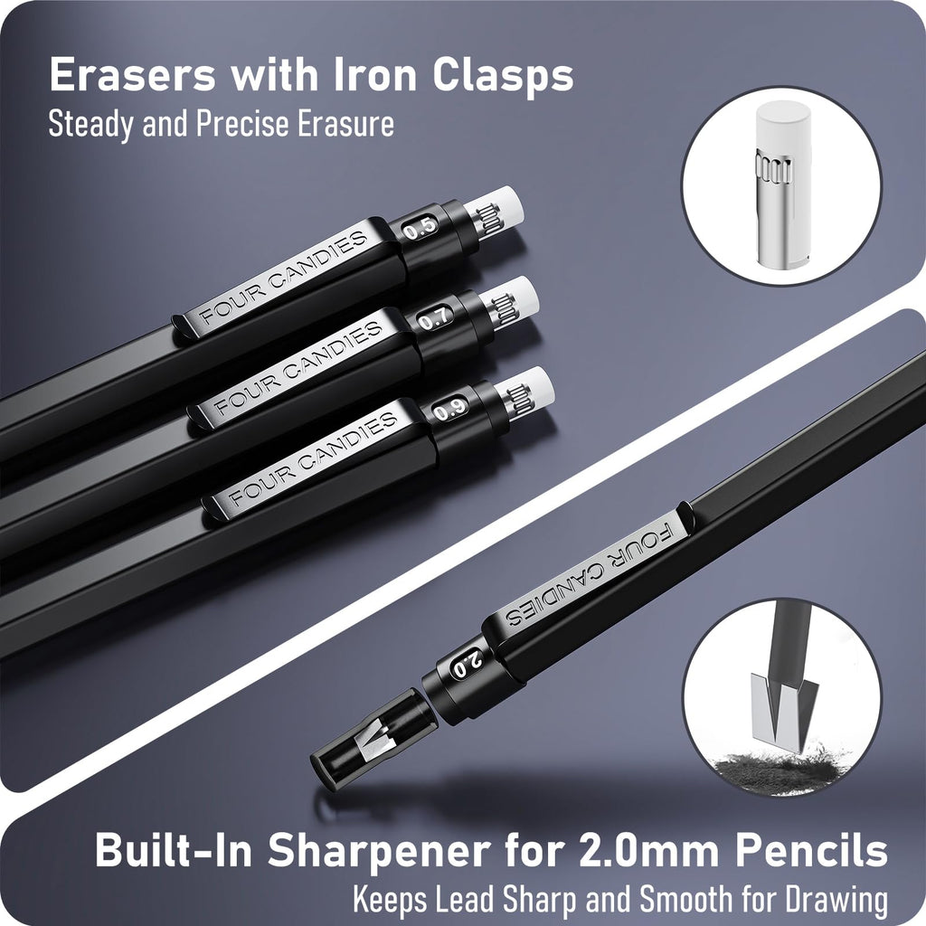 Four Candies Metal Mechanical Pencil Set,5 Count, Metal Mechanical Pencils 0.5, 0.7, 0.9,2.0(2Pcs), 420Pcs Leads (4B 2B HB 2H Color), for Writing Sketching Drawing (Black)