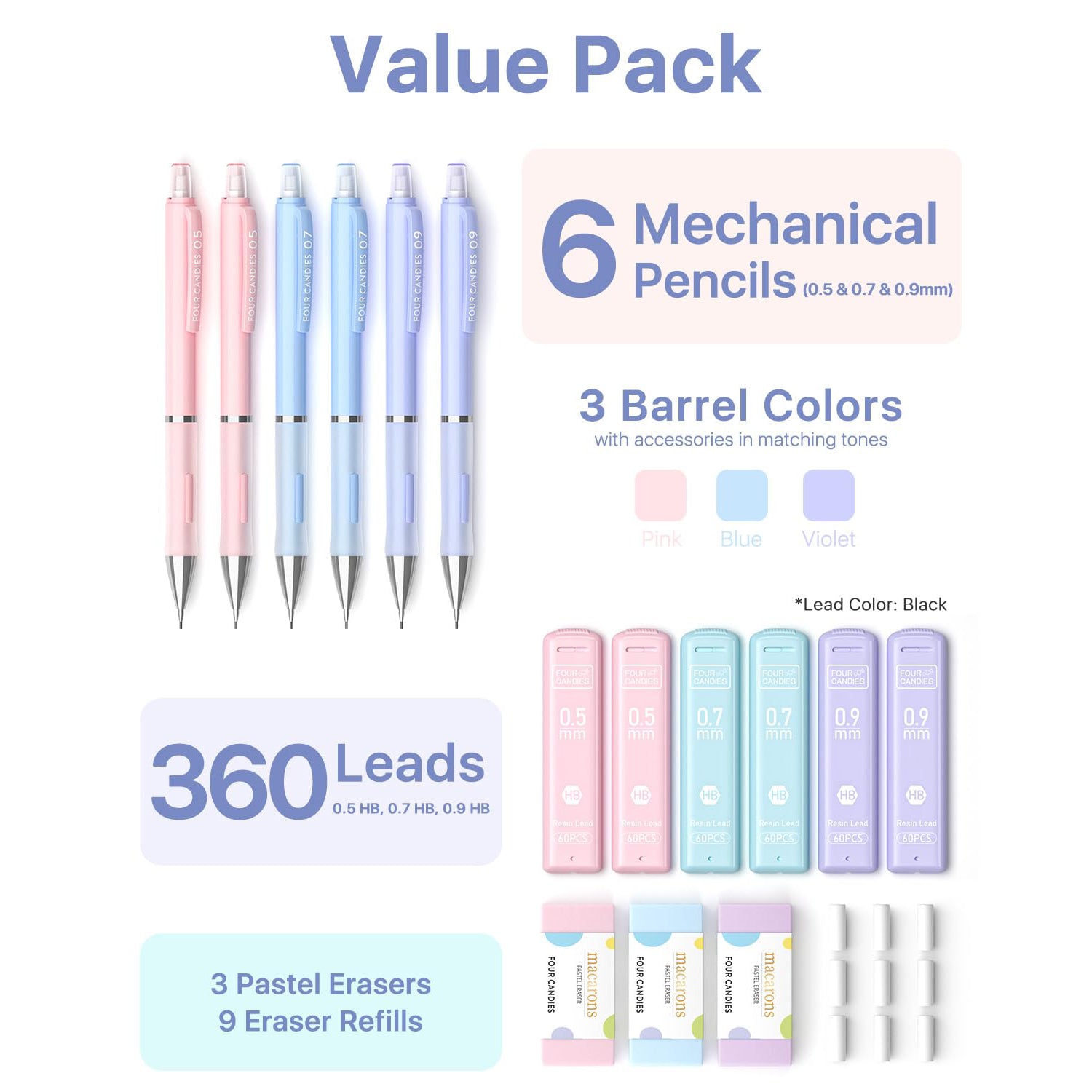 Four Candies Pastel Mechanical Pencil Set - 6PCS 0.5 & 0.7 & 0.9 mm Pencils with 360PCS HB Lead Refills, 3 Erasers and 9 Eraser Refills