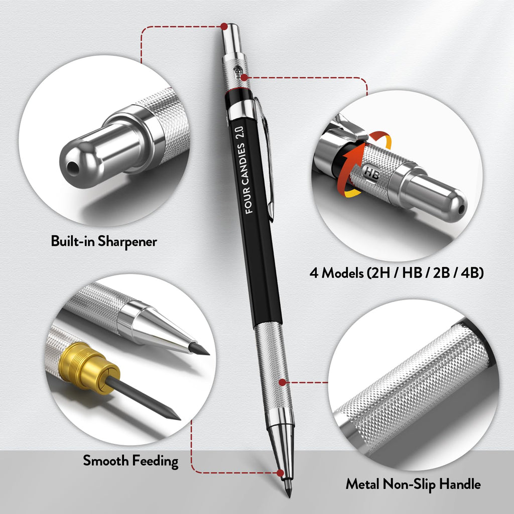 Four Candies 3PCS 2MM Mechanical Pencils with Case, Artist Lead Pencil Metal Lead Holder with Graphite Lead Refills, 4 Erasers, Sharpener, Drafting Pencil for Drawing, Sketching