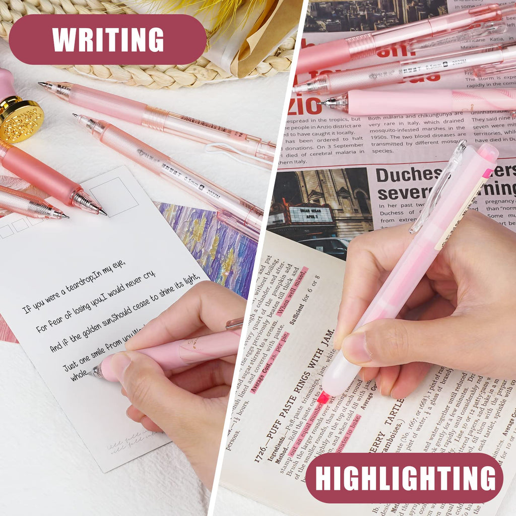 Four Candies Retractable Pink Pen Set, 11Pcs Black Ink Gel Pens(0.5mm), 1Pcs Pink Highlighter, 0.5mm Fine Point for Journaling, Writing and Note-Taking