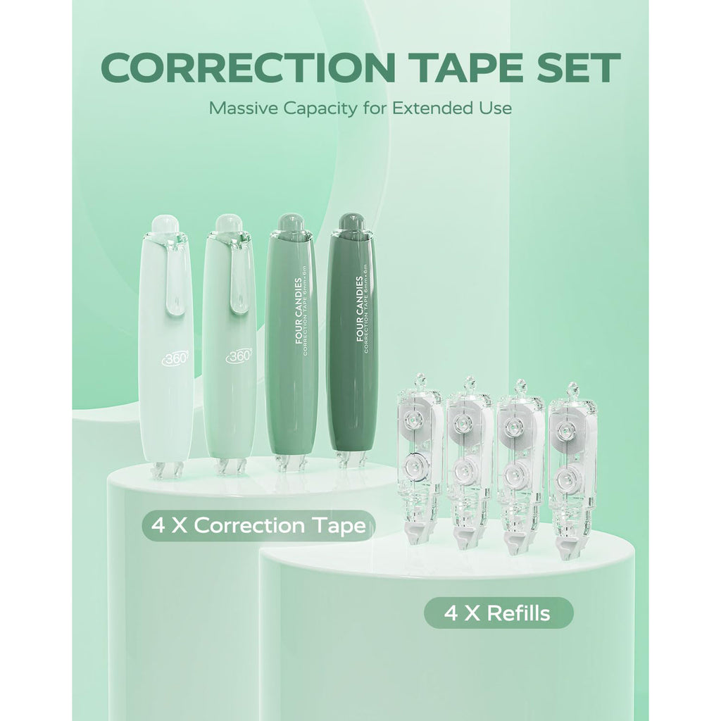 Four Candies 6MM Retractable White Correction Tape, 4PCS White Smooth Pull Out Correction Tape with 4 Extra Refills,Tear-Resistant Tape Pen & Quick Drying (Green)