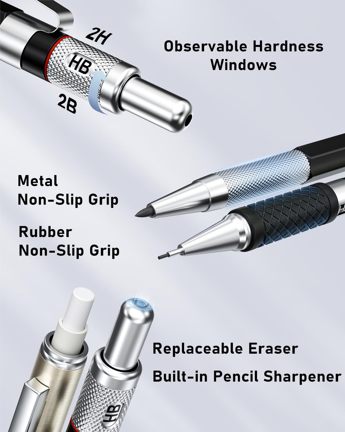 Four Candies 27PCS Art Mechanical Pencil Set with Case, 4PCS Metal Drawing Pencil 0.3, 0.5, 0.7, 0.9 mm & 2PCS 2mm Lead Holder (HB 2H 2B 4B Color) with 552 Graphite Lead Refills for Drawing Sketching