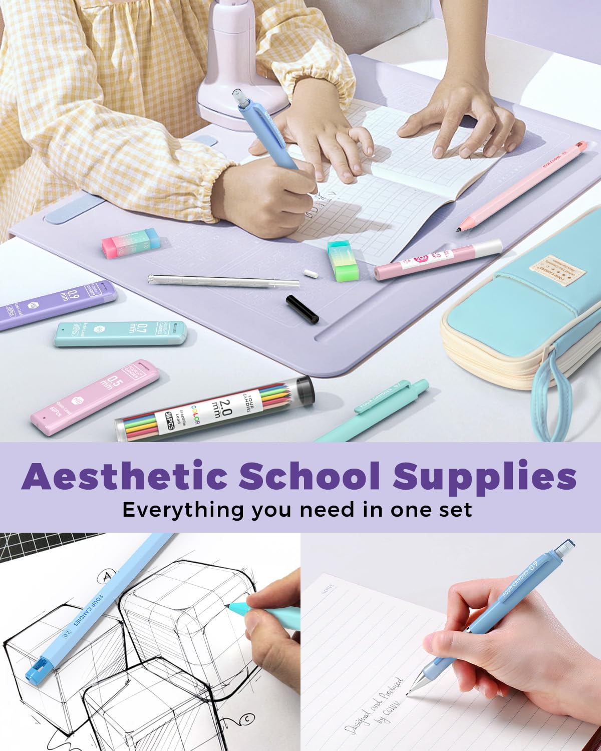 Four Candies 36PCS Aesthetic Supplies, Mechanical Pencil Set 0.5mm, 0.7mm, 0.9mm & 2.0mm with 624 Lead Refills, for Writing & Drawing, Ideal Stationary Set Gift (Blue)