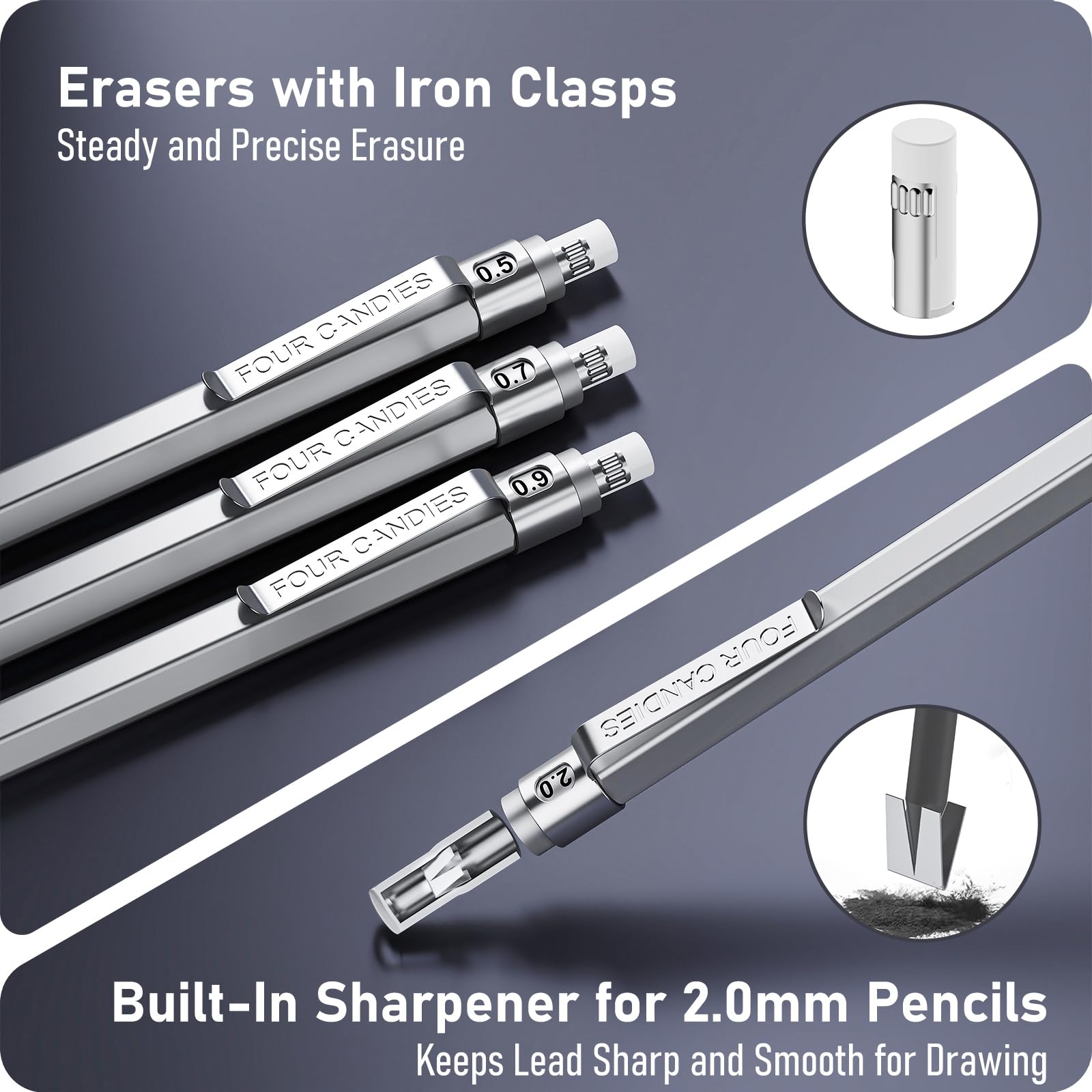 Four Candies Metal Mechanical Pencil Set,5 Count, Metal Mechanical Pencils 0.5, 0.7, 0.9,2.0(2Pcs), 420Pcs Leads (4B 2B HB 2H Color), for Writing Sketching Drawing (Silver)