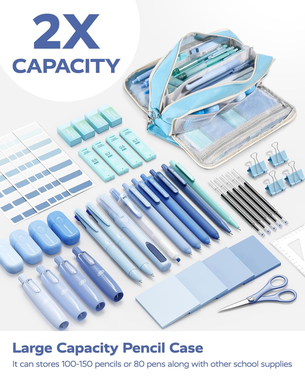 Four Candies Aesthetic Supplies, 4 Gel Pens with Black Ink, 4 Correction Tapes, 2 Pastel Highlighters, 2 Mechanical Pencils, Sticky Notes, Index Post for Bible Supplies Blue