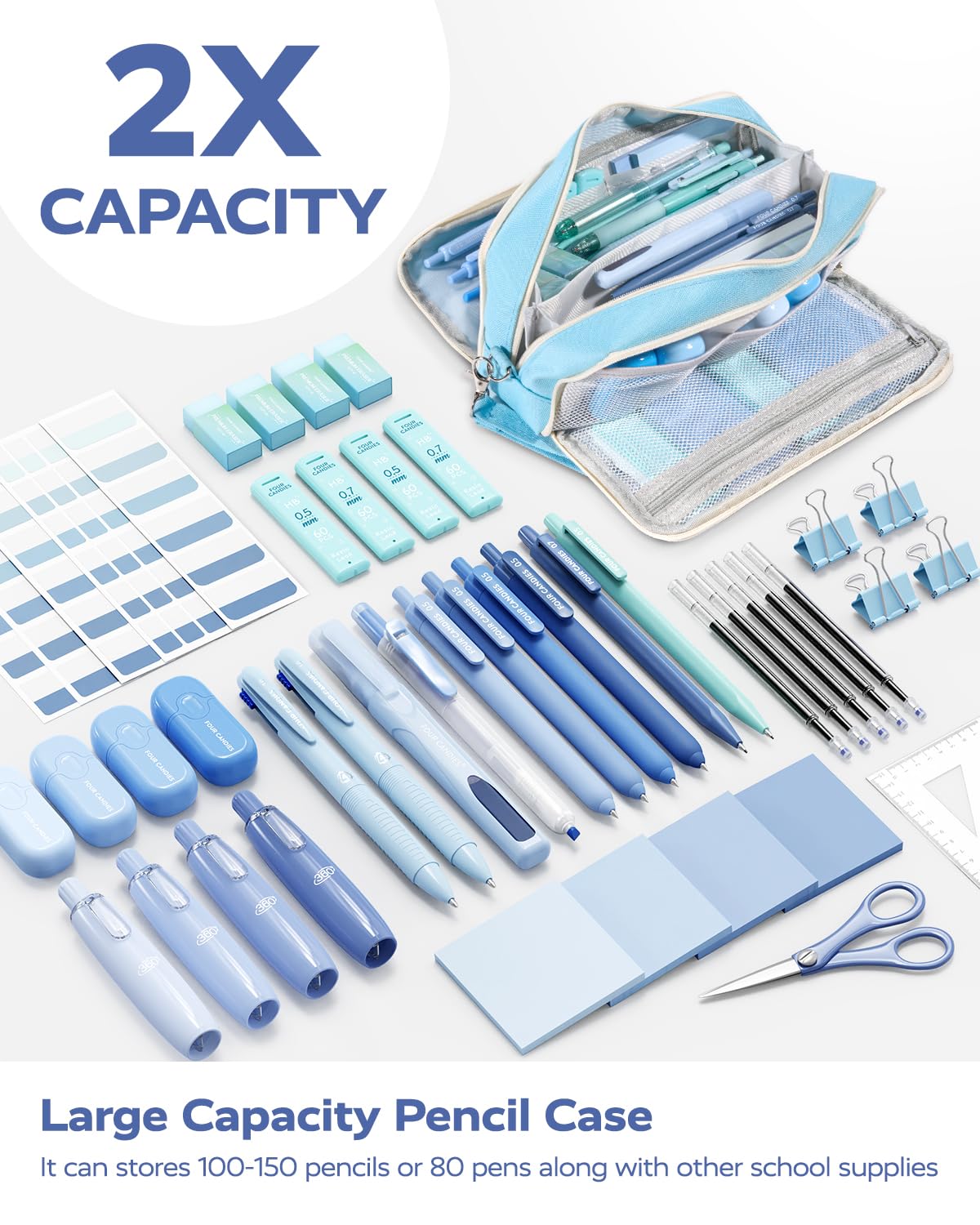 Four Candies Aesthetic Supplies, 4 Gel Pens with Black Ink, 4 Correction Tapes, 2 Pastel Highlighters, 2 Mechanical Pencils, Sticky Notes, Index Post for Bible Supplies Blue