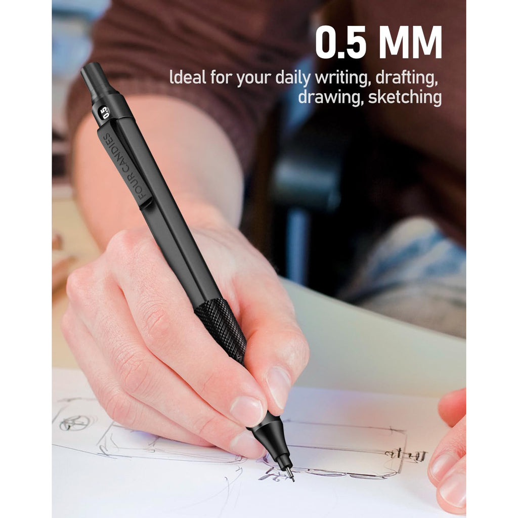 Four Candies 0.5mm Mechanical Pencil Set with Case, 3PCS Metal Pencils with 8 Tubes (480PCS) HB Lead Refills, 3 Erasers, 9 Eraser Refills for Engineer Writing Drawing Drafting, Black