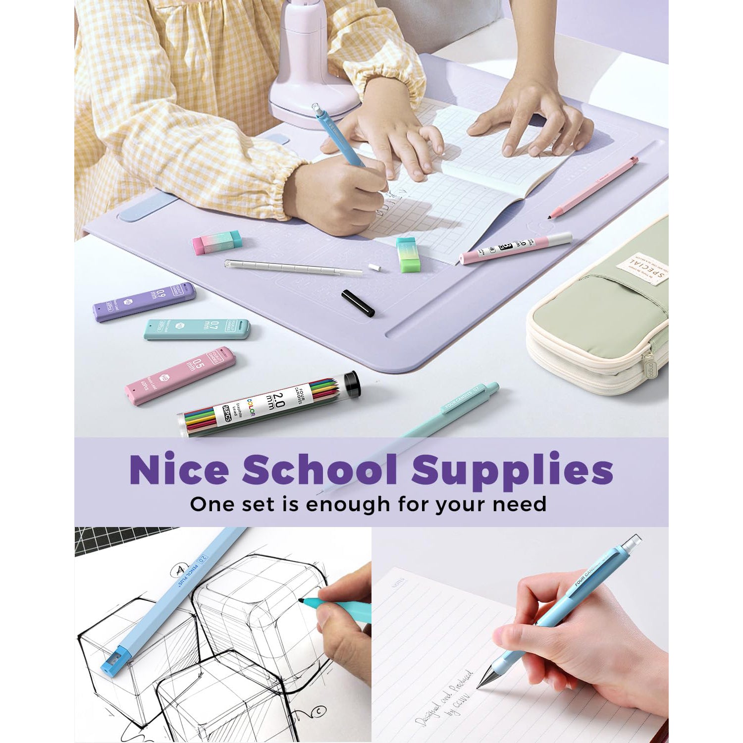 Four Candies 36PCS Aesthetic Supplies in Large Capacity Pencil Case, 12PCS Mechanical Pencils 0.5-2.0mm with 624PCS Lead Refills, Cute Pencils Ideal for Writing, Drawing & Drafting (Green)