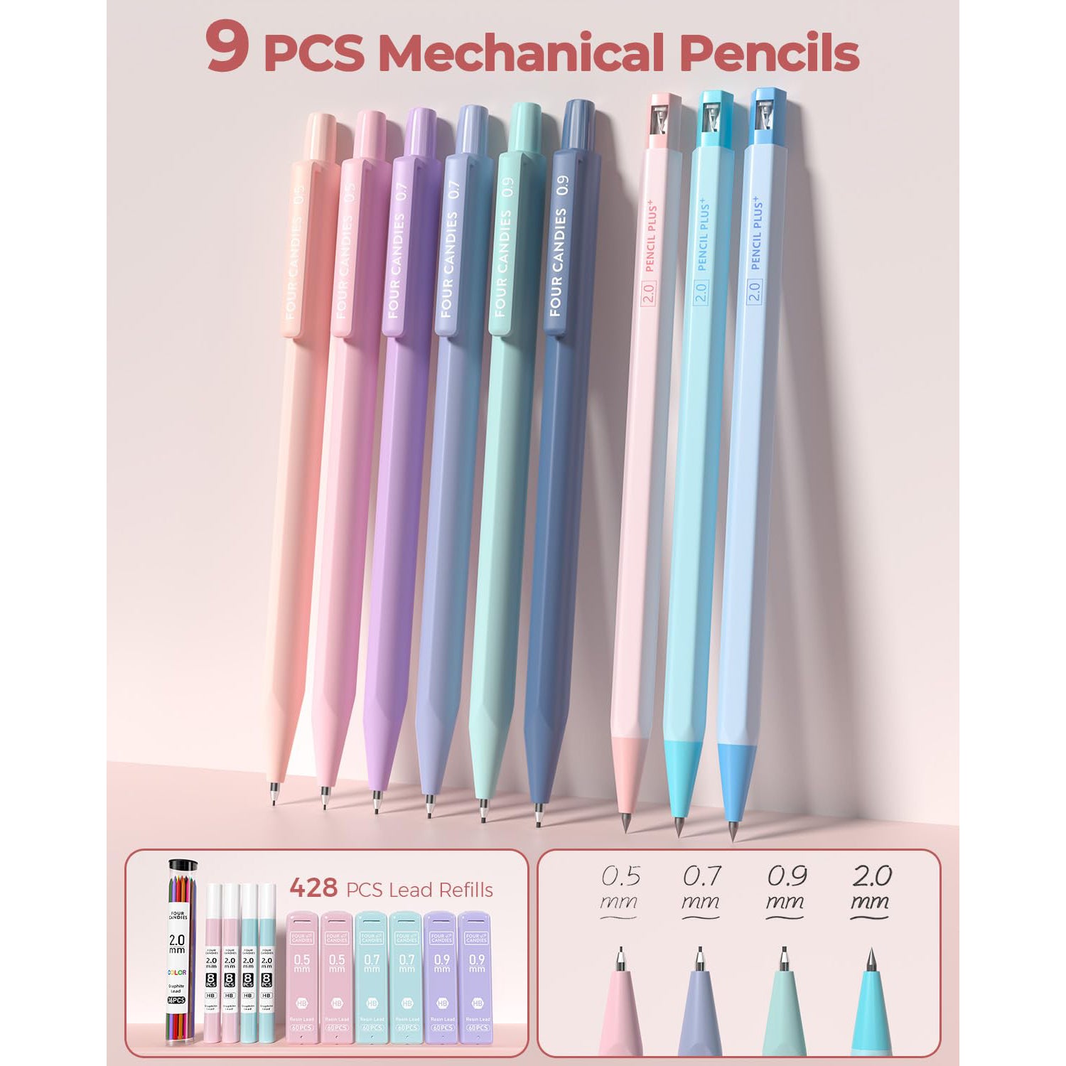 Four Candies 56 PCS Aesthetic Supplies with Large Pencil Case, 6 Colored Ballpoint Pens, 12 Pastel Highlighters, 5 Black Ink Gel Pens, 9 Mechanical Pencils 0.5-2.0mm Essentials (Pink)