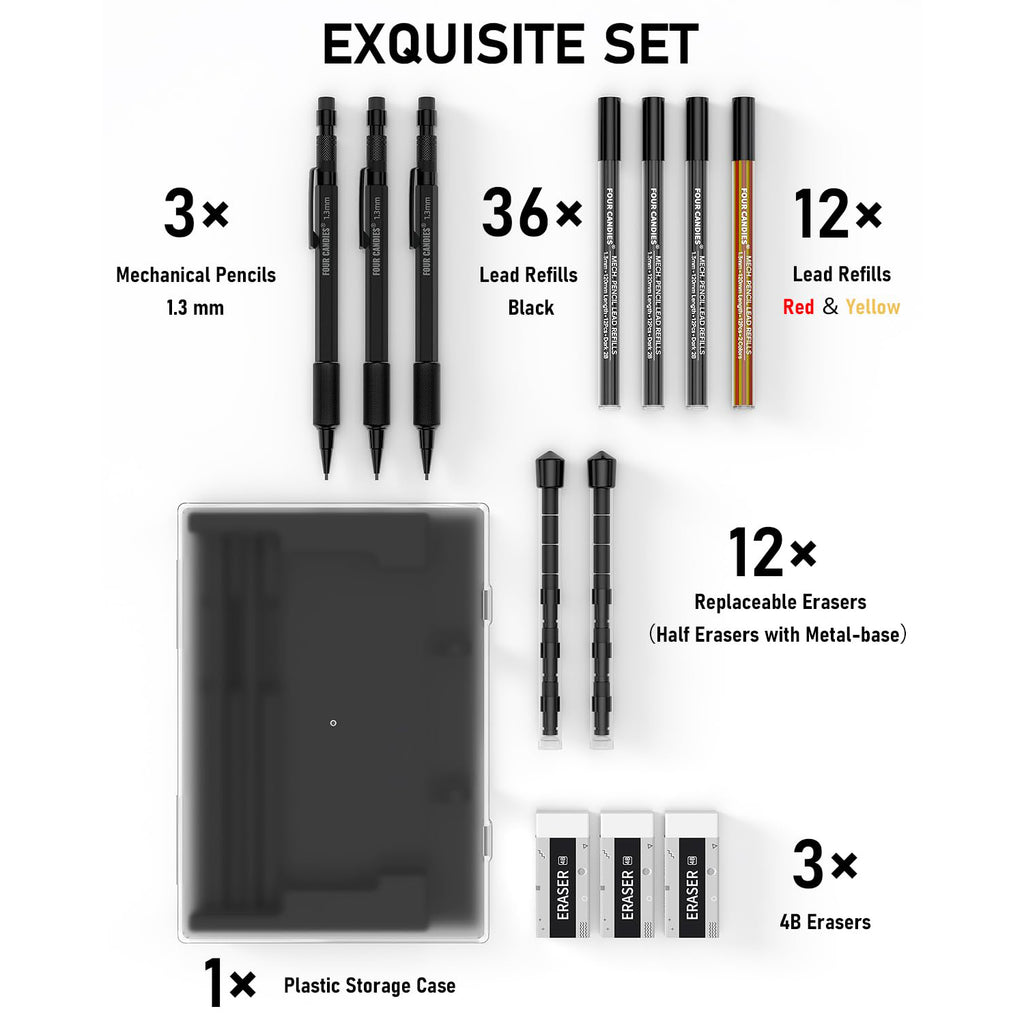 Four Candies 1.3mm Mechanical Pencil Set with 48 Lead Refill, 3PCS Metal Weatherproof Body Heavy Duty Carpenter Pencil, 3 Eraser, 12 Eraser Refill, for Outdoor Woodworking Drafting Marking with Case
