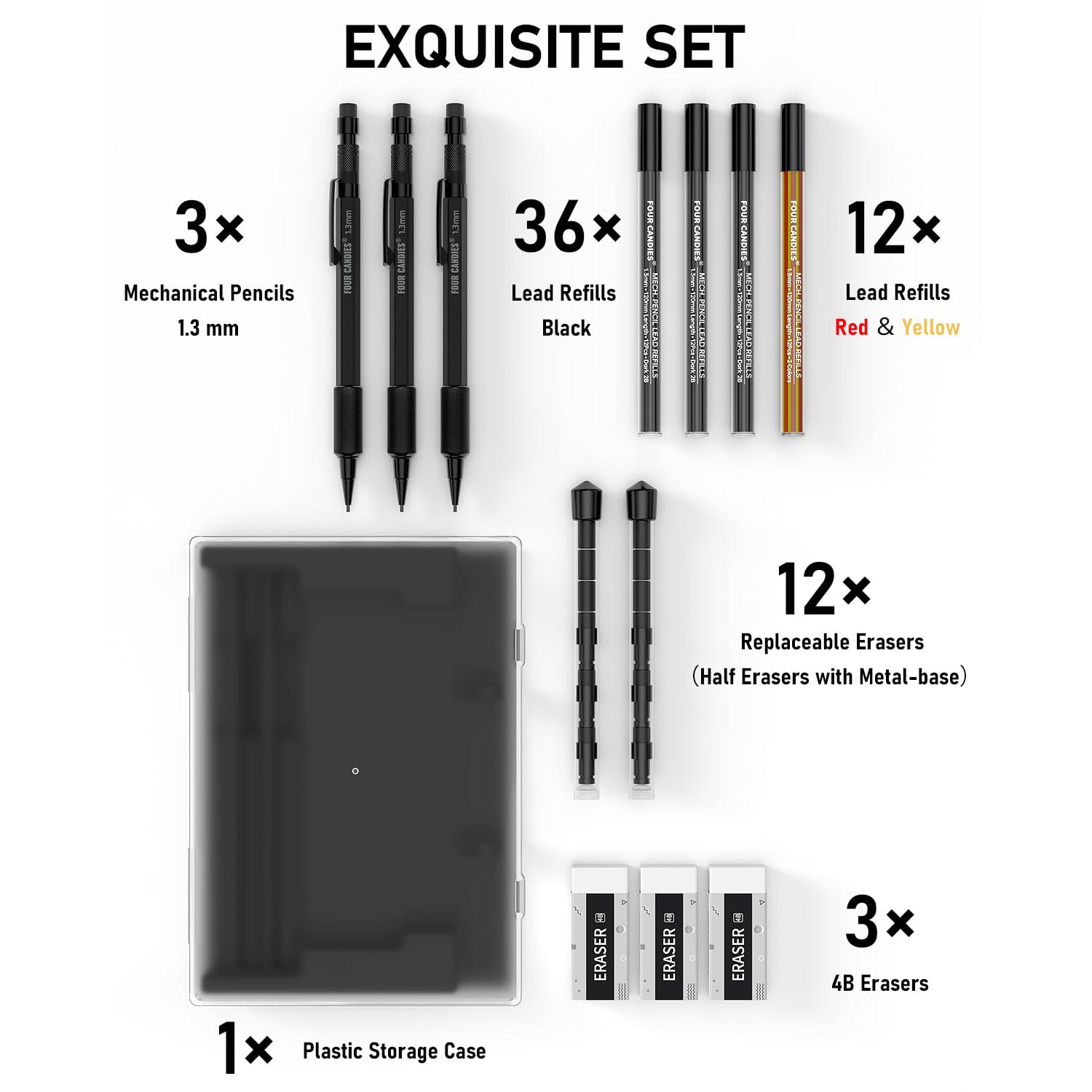 Four Candies 1.3mm Mechanical Pencil Set with 48 Lead Refill, 3PCS Metal Weatherproof Body Heavy Duty Carpenter Pencil, 3 Eraser, 12 Eraser Refill, for Outdoor Woodworking Drafting Marking with Case