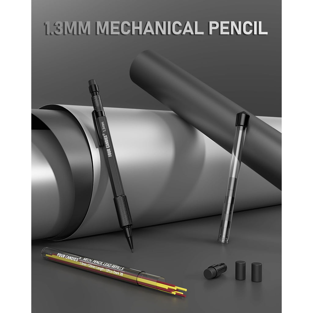 Four Candies 1.3mm Mechanical Pencil Set with Case, Metal Heavy Duty Outdoor Carpenter Pencil with 24 Refills (Red Black Yellow), Eraser, 6 Eraser Refills for Architect Drafting Sketching Woodworking