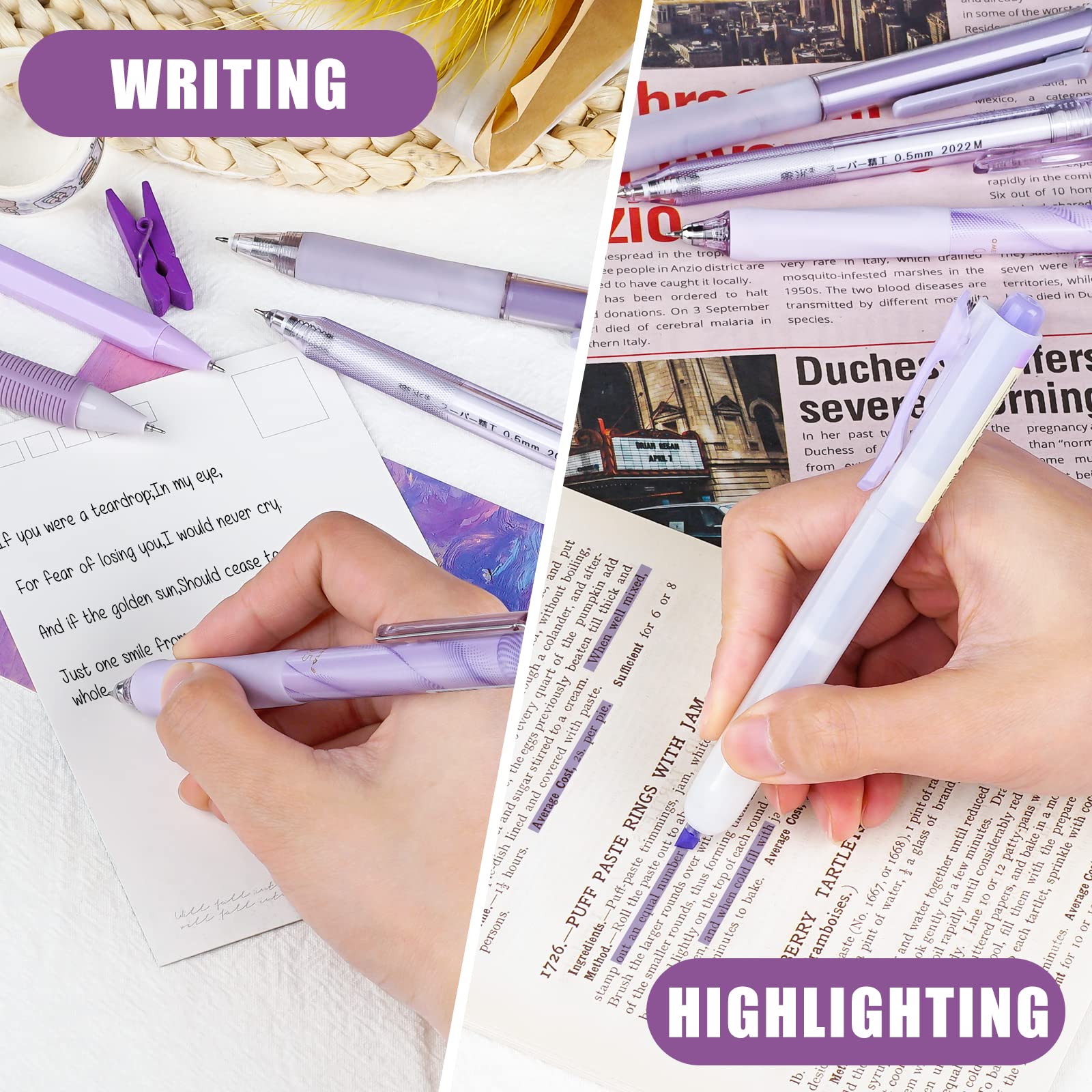 Four Candies Retractable Purple Pen Set, 11Pcs Black Ink Gel Pens(0.5mm), 1Pcs Purple Highlighter, 0.5mm Fine Point for Journaling, Writing and Note-Taking