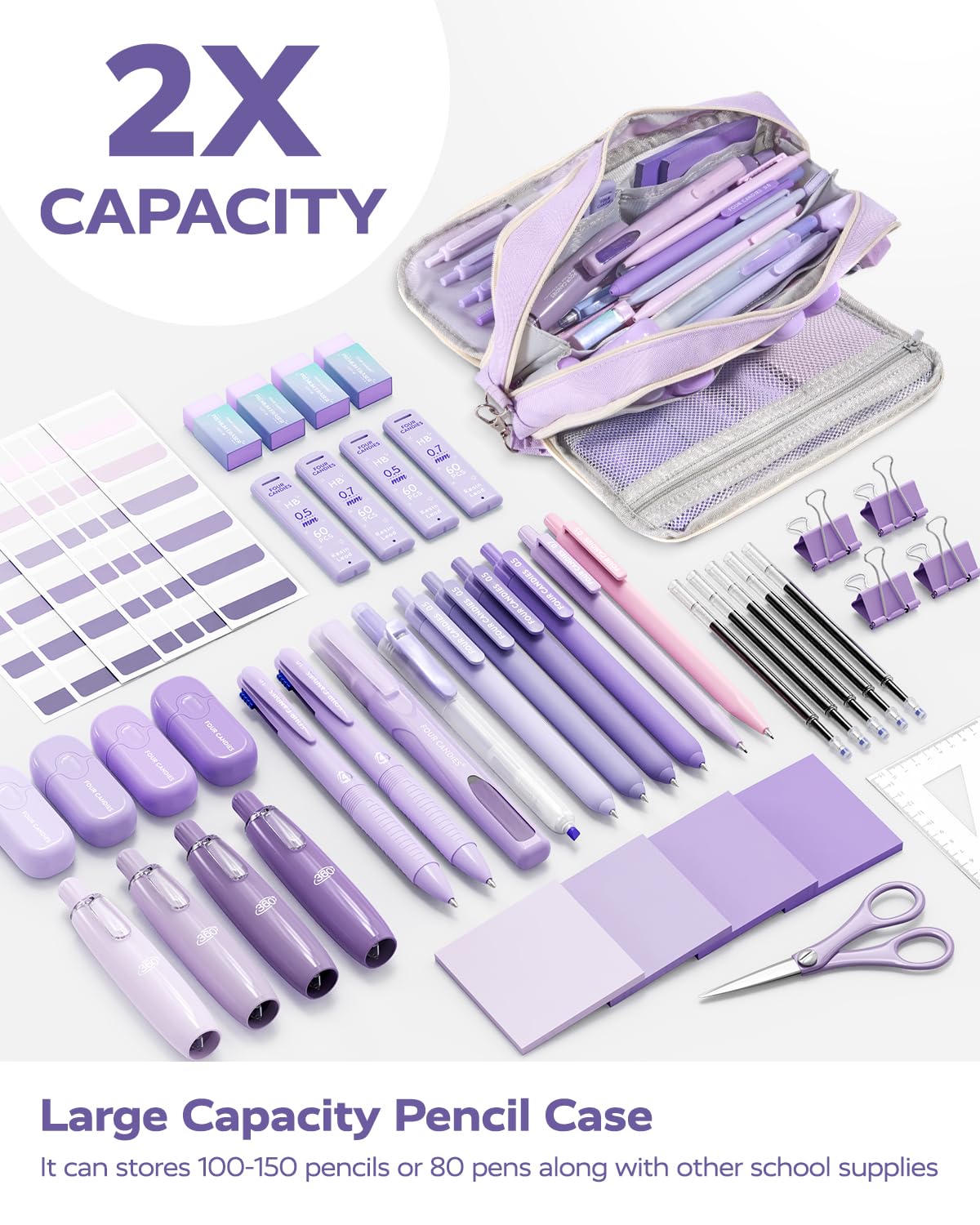 Four Candies Aesthetic Supplies, 4 Gel Pens with Black Ink, 4 Correction Tapes, 2 Pastel Highlighters, 2 Mechanical Pencils, Sticky Notes, Index Post for Bible Supplies with Case Purple