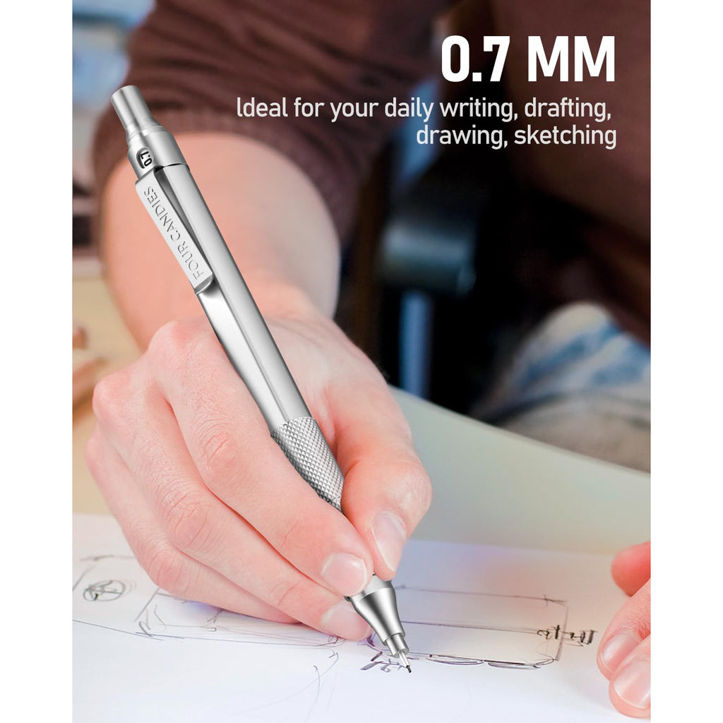 Four Candies 0.7mm Mechanical Pencil Set with Case, 3PCS Metal Pencil with 8 Tubes HB Lead Refills, 3 Erasers, 9 Eraser Refills for Writing Drawing Drafting, Silver