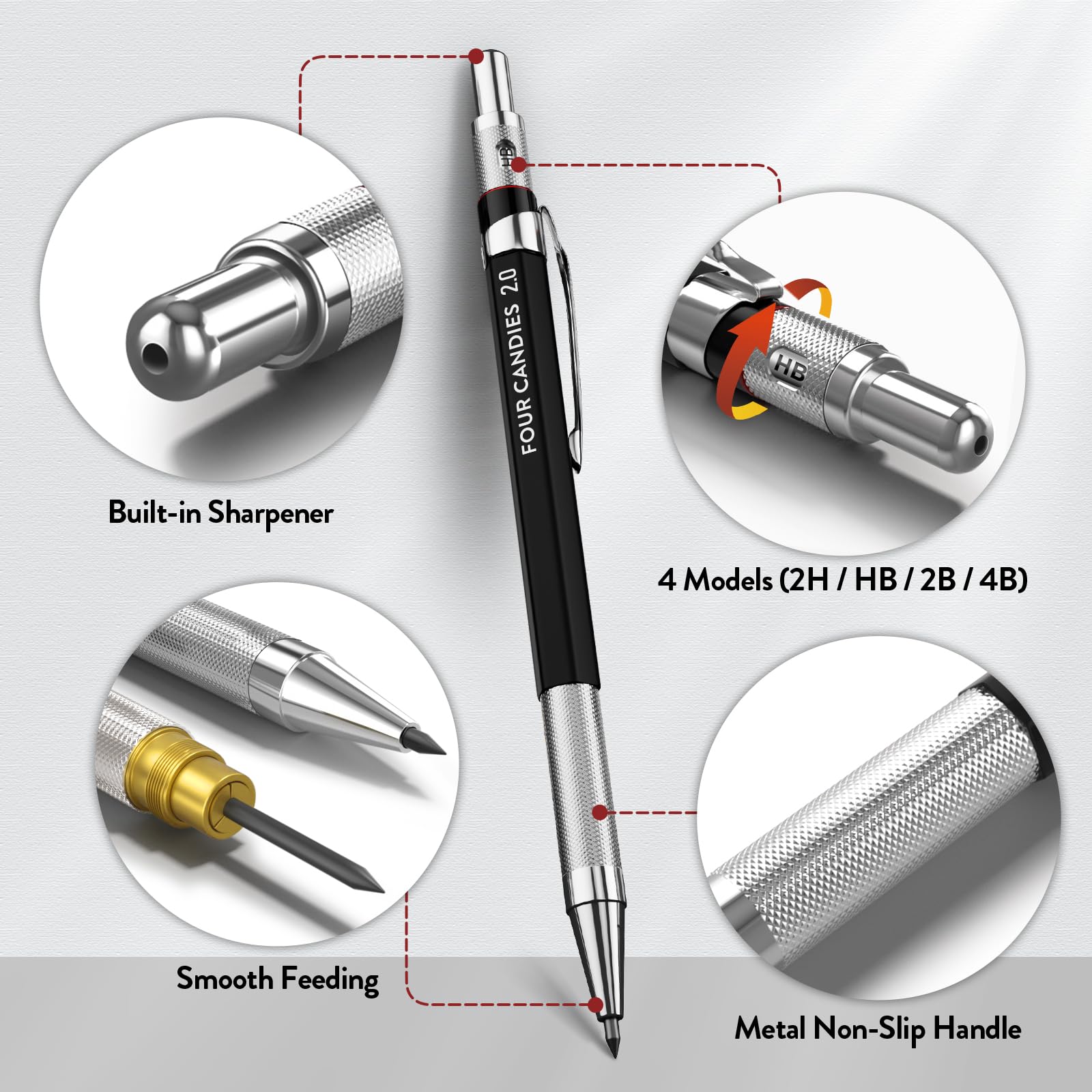 Four Candies 2MM Mechanical Pencil Set with case, Artist Led Pencil Metal Lead Holder with Graphite Lead Refill, Kneaded Eraser, Sharpener for Writing, Drawing, Sketching