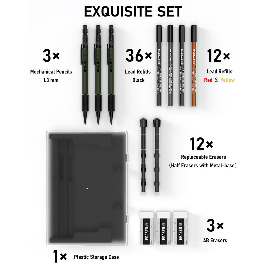 Four Candies 3PCS 1.3mm Mechanical Pencil Set with Case, Metal Heavy Duty Carpenter Pencils with 48 Refill(Red,Black,Yellow) 3Eraser, 12Eraser Refill(Green)