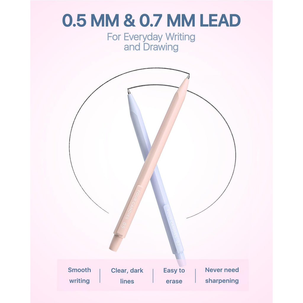 Four Candies Mechanical Pencils Set, with 0.5 & 0.7mm Lead Refills (HB & 2B), Pastel Erasers & Eraser Refills, 29-Count Pack with Case, Cute Aesthetic Supplies for Writing, Drawing