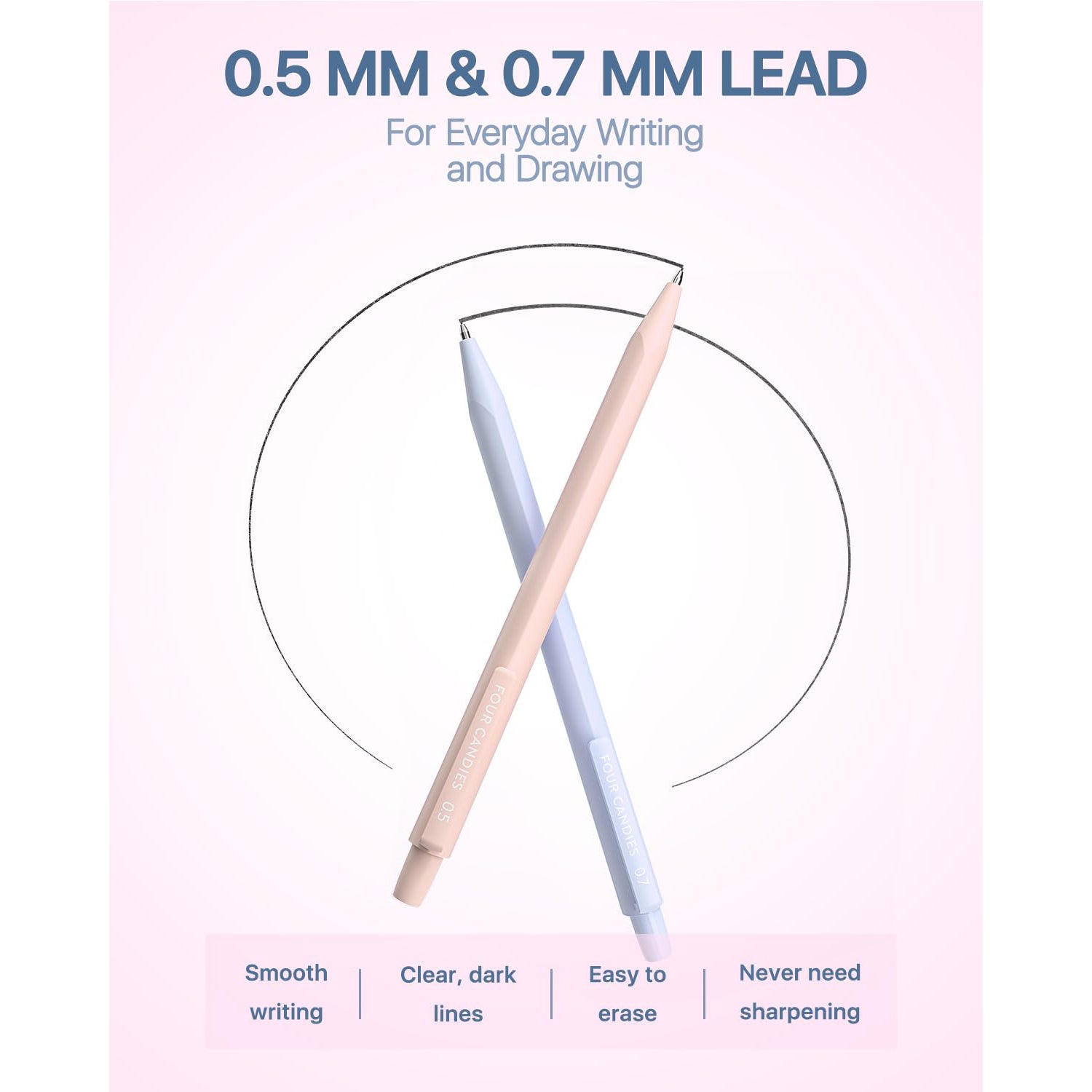 Four Candies Mechanical Pencils Set, with 0.5 & 0.7mm Lead Refills (HB & 2B), Pastel Erasers & Eraser Refills, 29-Count Pack with Case, Cute Aesthetic Supplies for Writing, Drawing