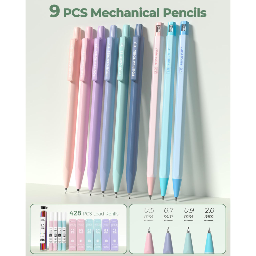 Four Candies 56 PCS Aesthetic Supplies with Large Pencil Case, 6 Colored Ballpoint Pens, 12 Pastel Highlighters, 5 Black Ink Gel Pens, 9 Mechanical Pencils 0.5-2.0mm Essentials (Green)