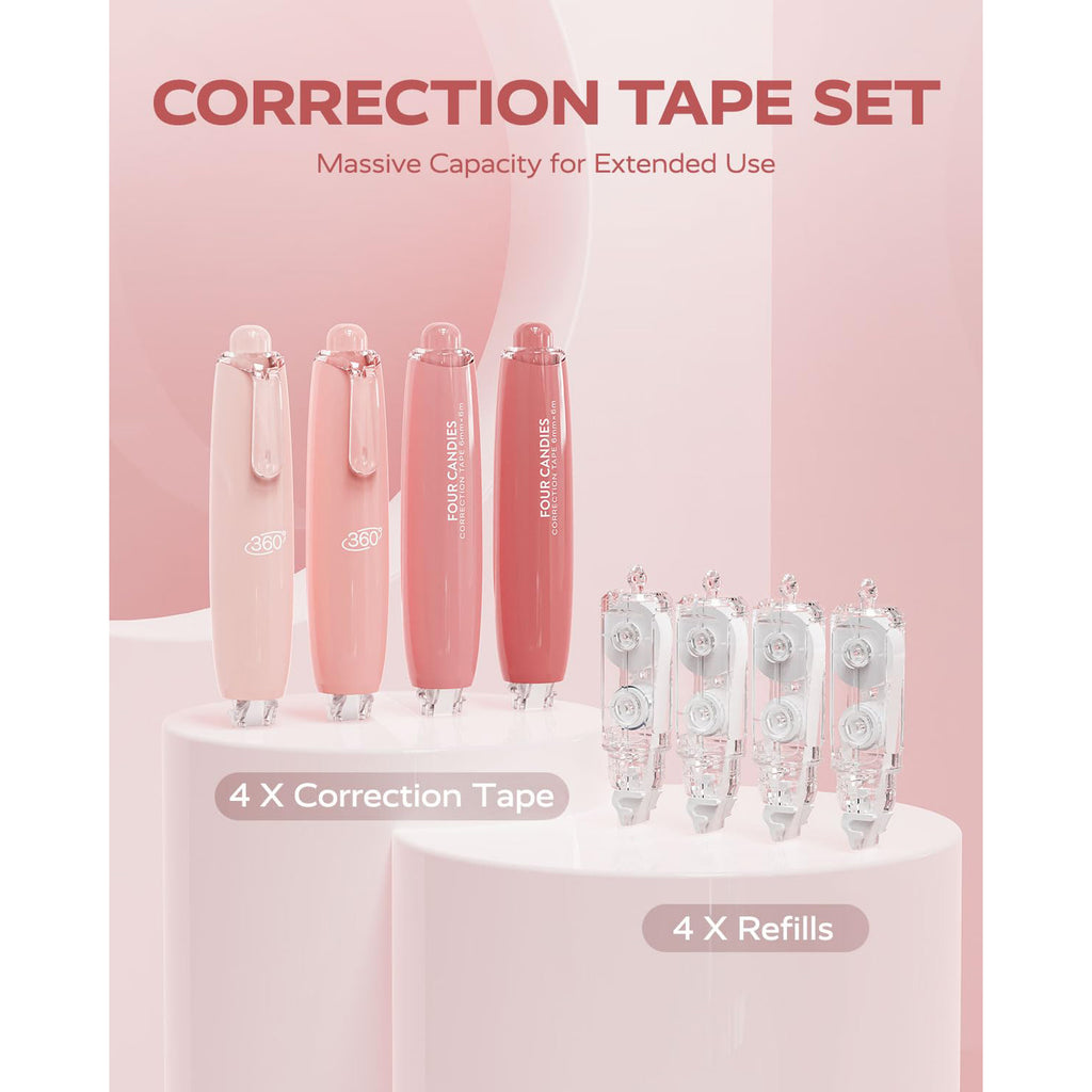 Four Candies 6MM Retractable White Correction Tape, 4PCS White Smooth Pull Out Correction Tape with 4 Extra Refills,Tear-Resistant Tape Pen & Quick Drying (Pink)
