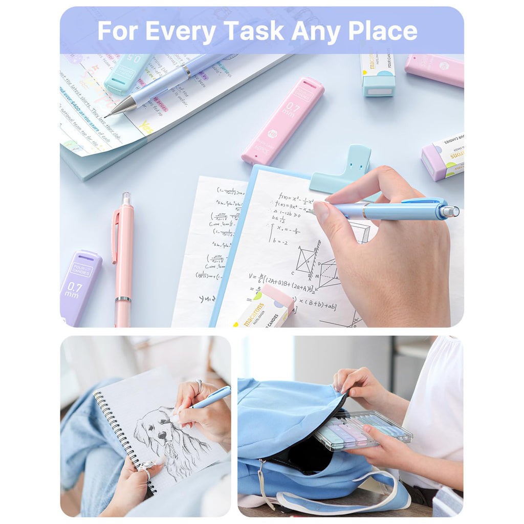 Four Candies Pastel Mechanical Pencil Set for Drawing & Writing,6PCS 0.5mm&0.7mm Mechanical Pencils with 360PCS HB Lead Refills, 3PCS Erasers and 9PCS Eraser Refills