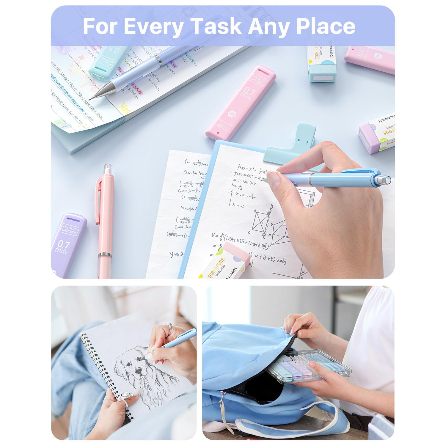 Four Candies Pastel Mechanical Pencil Set for Drawing & Writing,6PCS 0.5mm&0.7mm Mechanical Pencils with 360PCS HB Lead Refills, 3PCS Erasers and 9PCS Eraser Refills