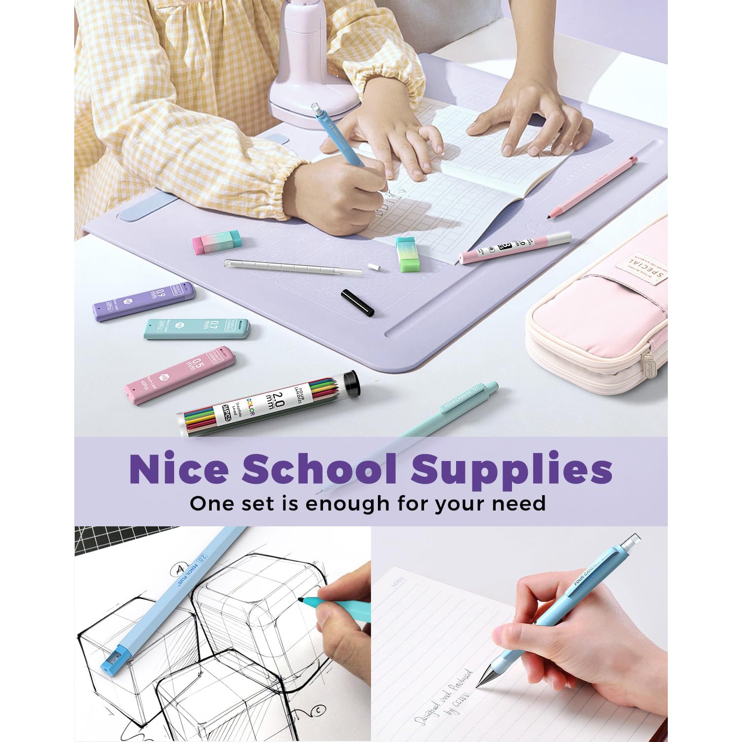 Four Candies 36PCS Aesthetic Supplies in Large Capacity Pencil Case, 12PCS Mechanical Pencils 0.5-2.0mm with 624PCS Lead Refills, Cute Pencils Ideal for Writing, Drawing & Drafting (Pink)