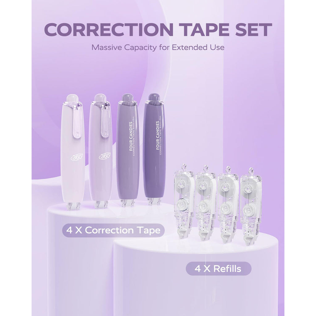 Four Candies 6MM Retractable White Correction Tape, 4PCS White Smooth Pull Out Correction Tape with 4 Extra Refills,Tear-Resistant Tape Pen & Quick Drying (Purple)