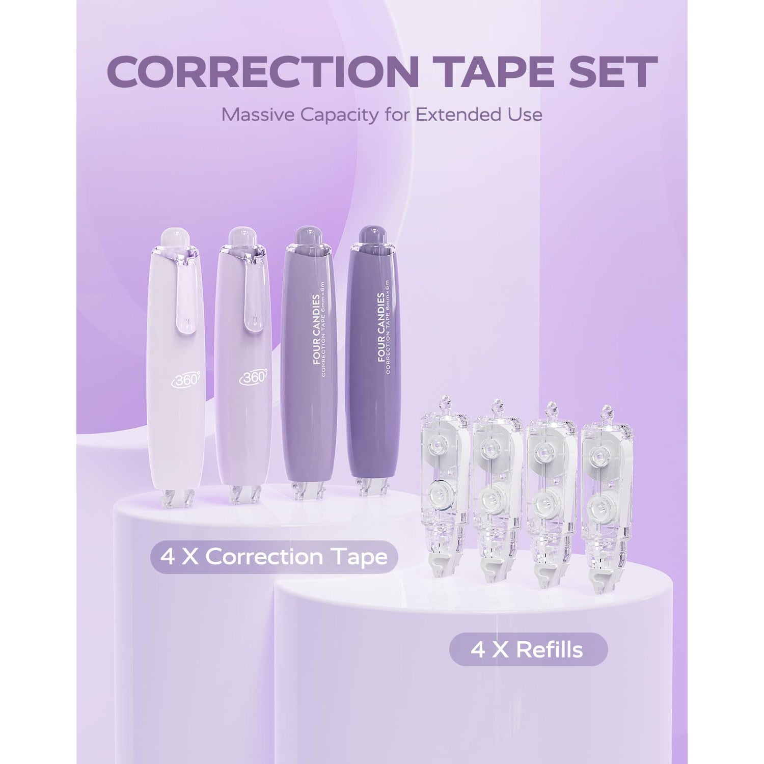 Four Candies 6MM Retractable White Correction Tape, 4PCS White Smooth Pull Out Correction Tape with 4 Extra Refills,Tear-Resistant Tape Pen & Quick Drying (Purple)